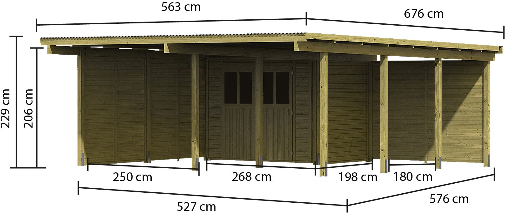 Karibu Doppelcarport »»ECO 2« Variante B, AKTION kdi« Massivholz 509 cm KDI mit integriertem Abstellraum klein, 2 Seitenwänden und 1 Rückwand