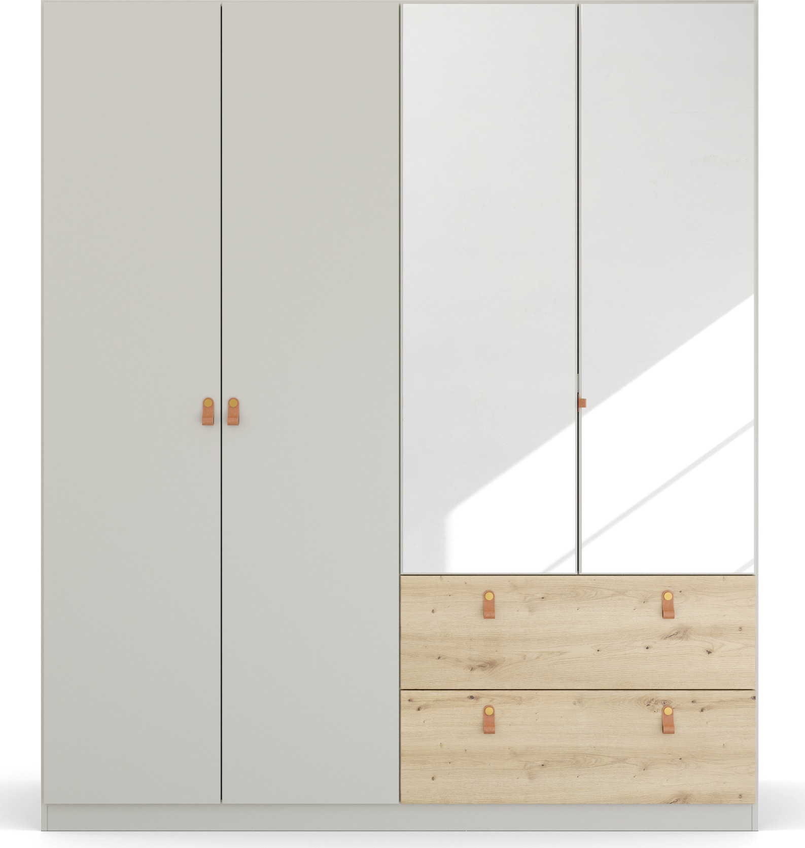 rauch Drehtürenschrank »Homey by Quadra Spin« mit cognacbraunen Ledergrifflaschen, Schubladen in Eichen-Dekor