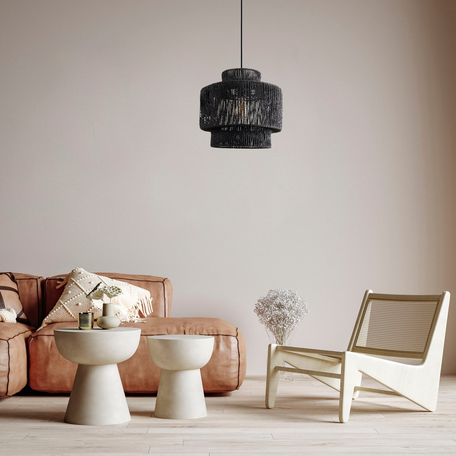 Paco Home Pendelleuchte »Hugo Lupita«, Leuchtmittel E27 | ohne Leuchtmittel, Wohnzimmer Esszimmer Rattan Optik Boho Lampenschirm Papier