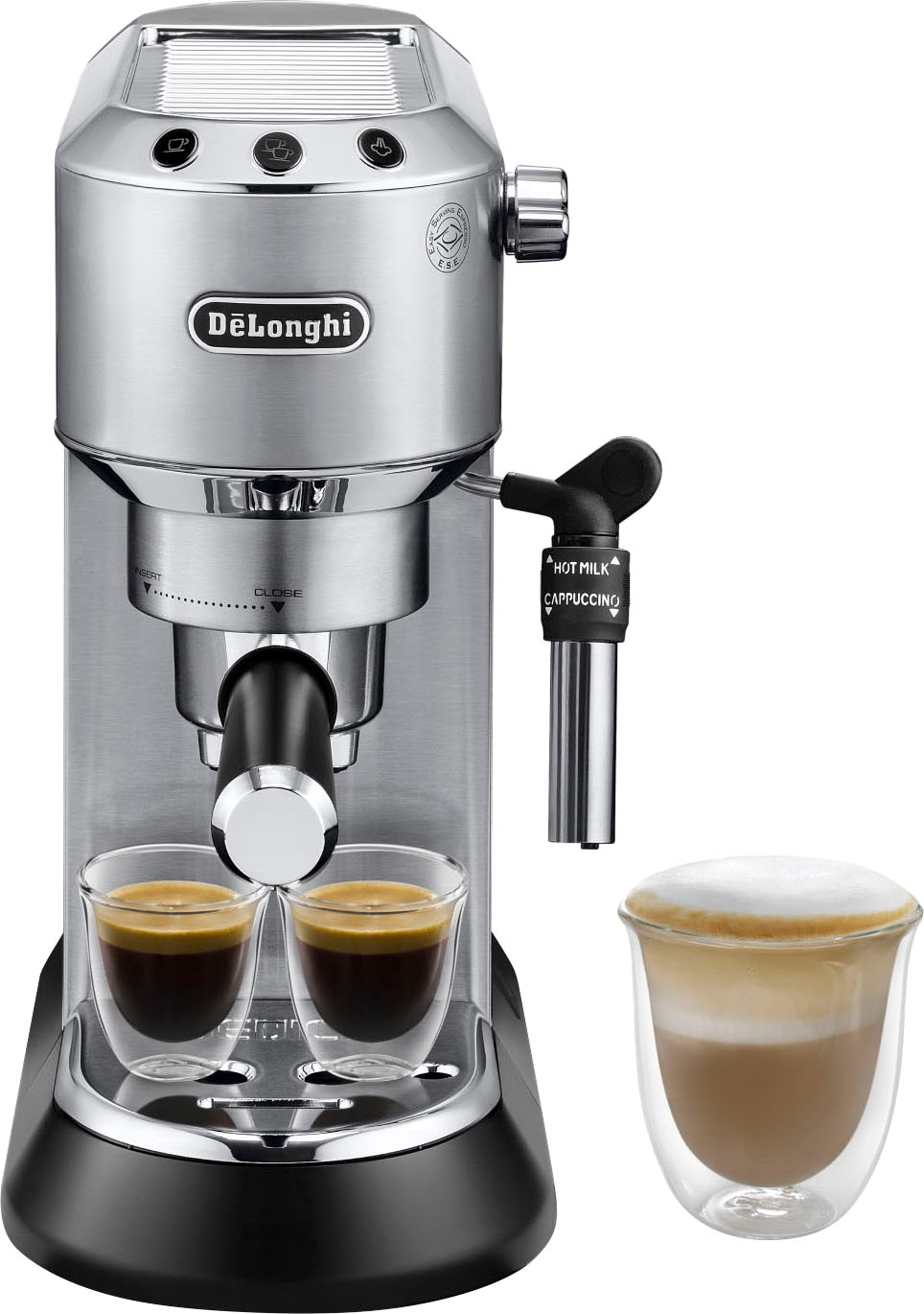 De'longhi Espressomaschine »Dedica Style EC 685.B« Nur 15 cm breit, für E.S.E Pads geeignet, 1L, inkl. Milchschaumdüse in silberfarben