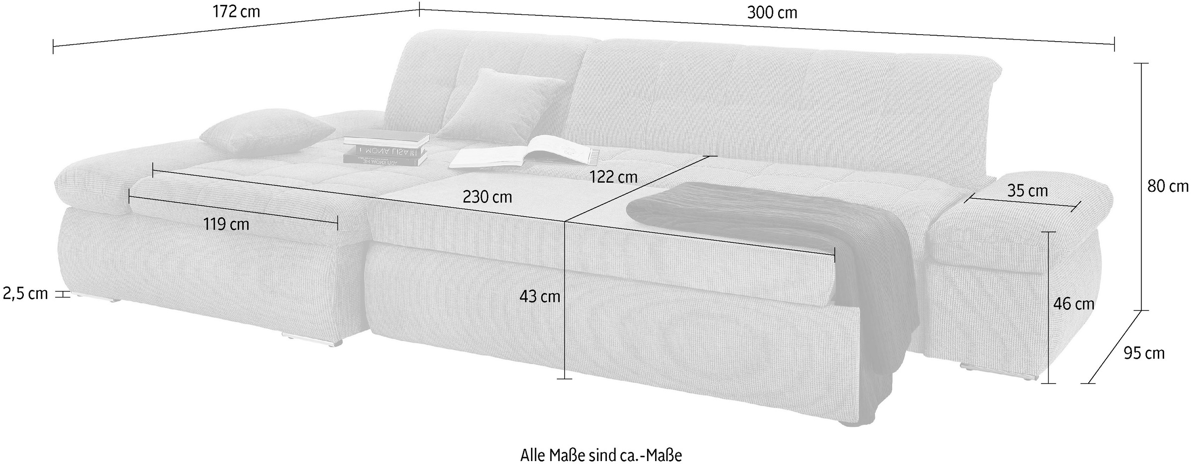 DOMO collection Ecksofa »NMoric XXL, B/T/H: 300/172/80cm, L-Form«, wahlweise mit Bettfunktion und Armlehnverstellung
