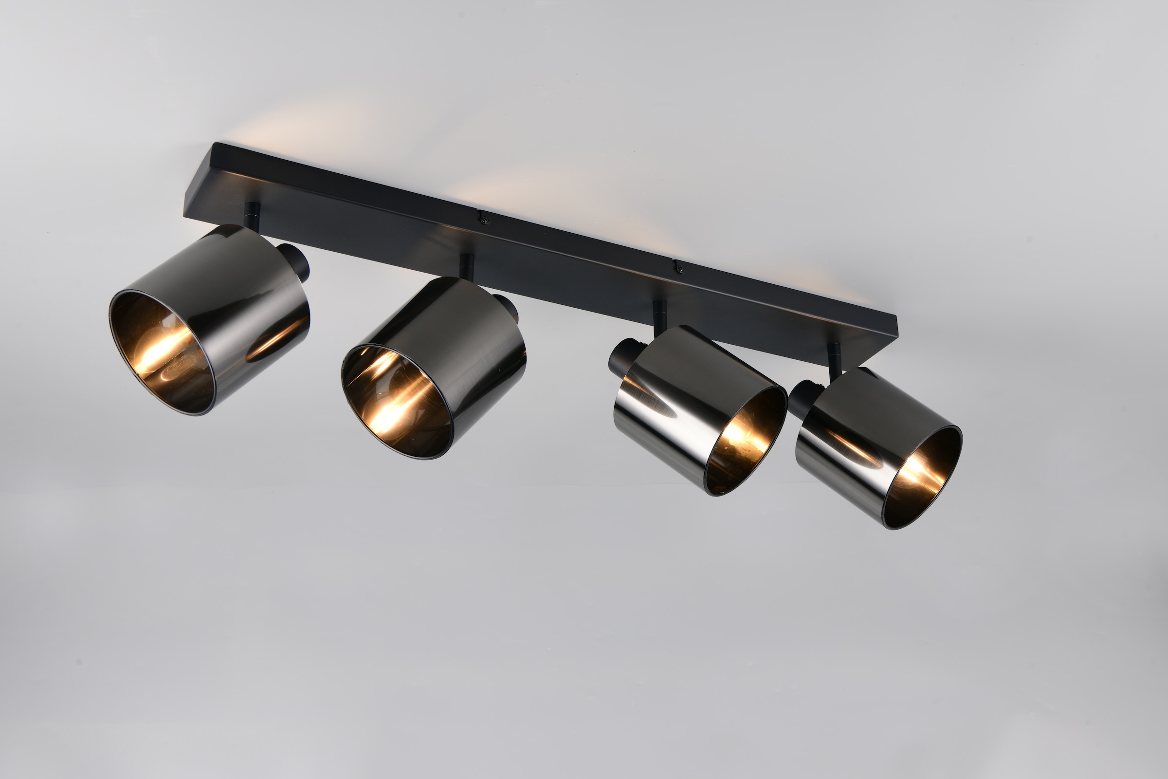 REALITY Leuchten Deckenstrahler »JASON, Deckenspot 4-flammig exkl 4x E4 max 10W, 76x22x12 cm (B/H/T)« E14 1 Stk. warmweiß - kaltweiß 4 verstellbare Strahler, Metall schwarz, Lampenschirm rauchgrau