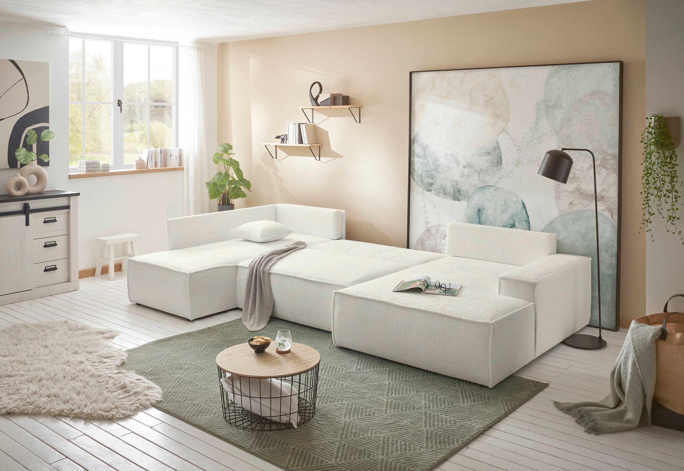 OTTO home Wohnlandschaft »FINNLEY U-Form XXL 329 cm - OTTO. Verlässliche Qualität.« Schlafsofa, Bettkasten, in Bouclé, Struktur fein und Mega Cord