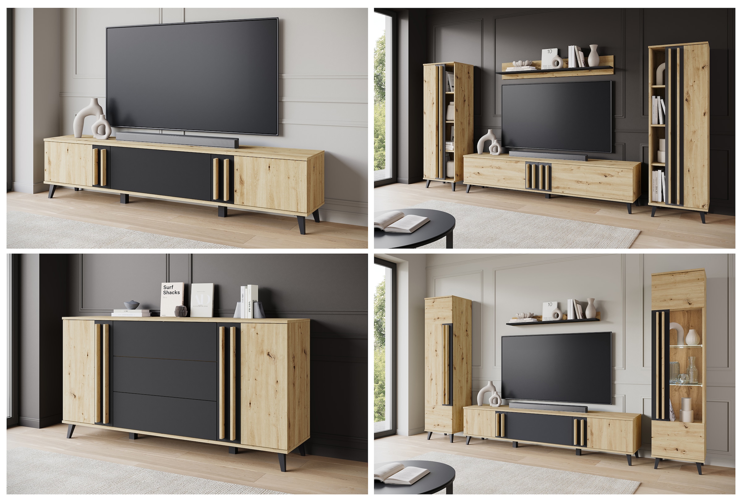 INOSIGN Wohnwand »Helsinki, Modernes Möbelset«, (Komplett-Set, 4 St.), mit lamellengriffen, verstellbaren Einlegeböden und Kunststofffüßen