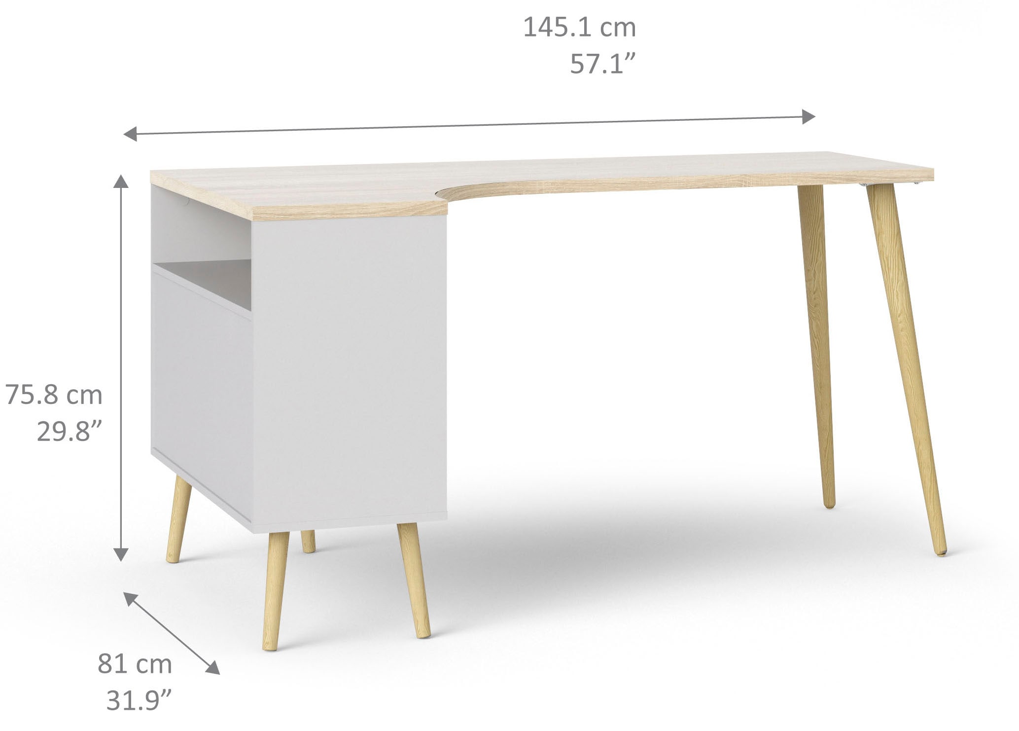 andas Schreibtisch »Oslo Arbeitstisch, Bürotisch«, mit 2 Schubladen, 3 offene Fächer, Eckschreibtisch, Breite 145 cm