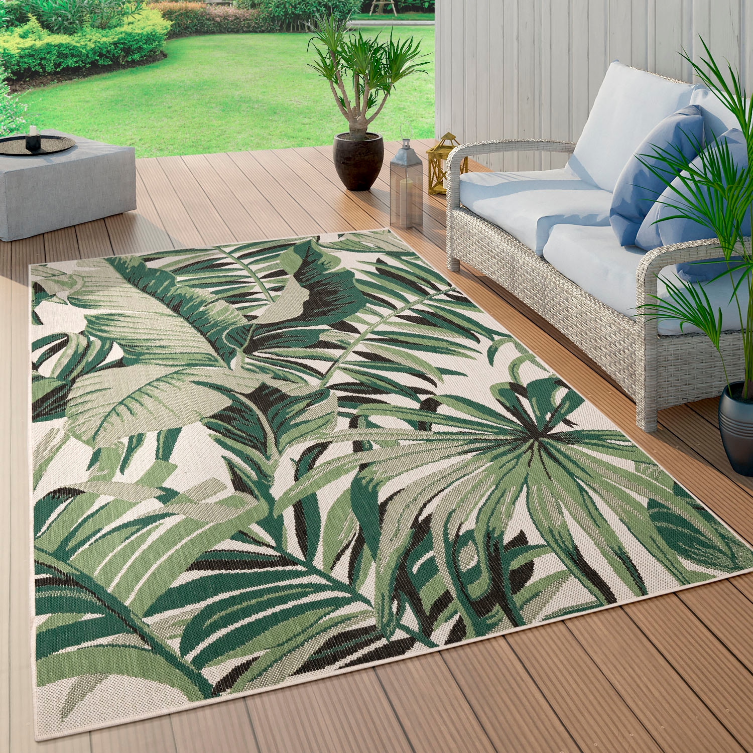 Paco Home Teppich »Ostende 551«, rechteckig, 4 mm Höhe, Flachgewebe, Motiv Palmenblätter, In- und Outdoor geeignet