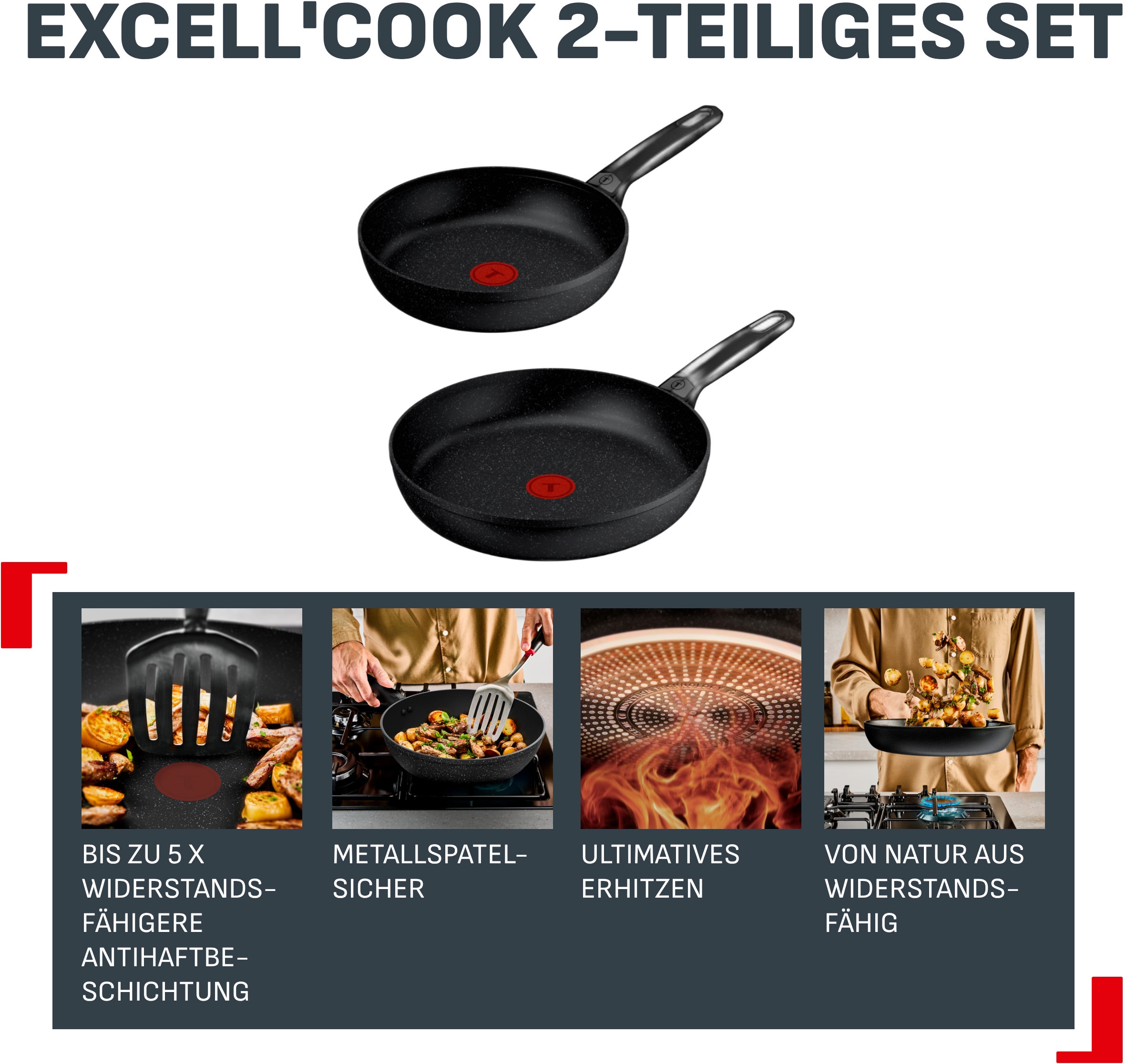 Tefal Pfannen-Set »Excell'Cook« Aluminium Set, je 1 Pfanne 24/28 cm, 2 tlg. leistungsstarke Antihaftbeschichtung, Induktion, metallspatelsicher