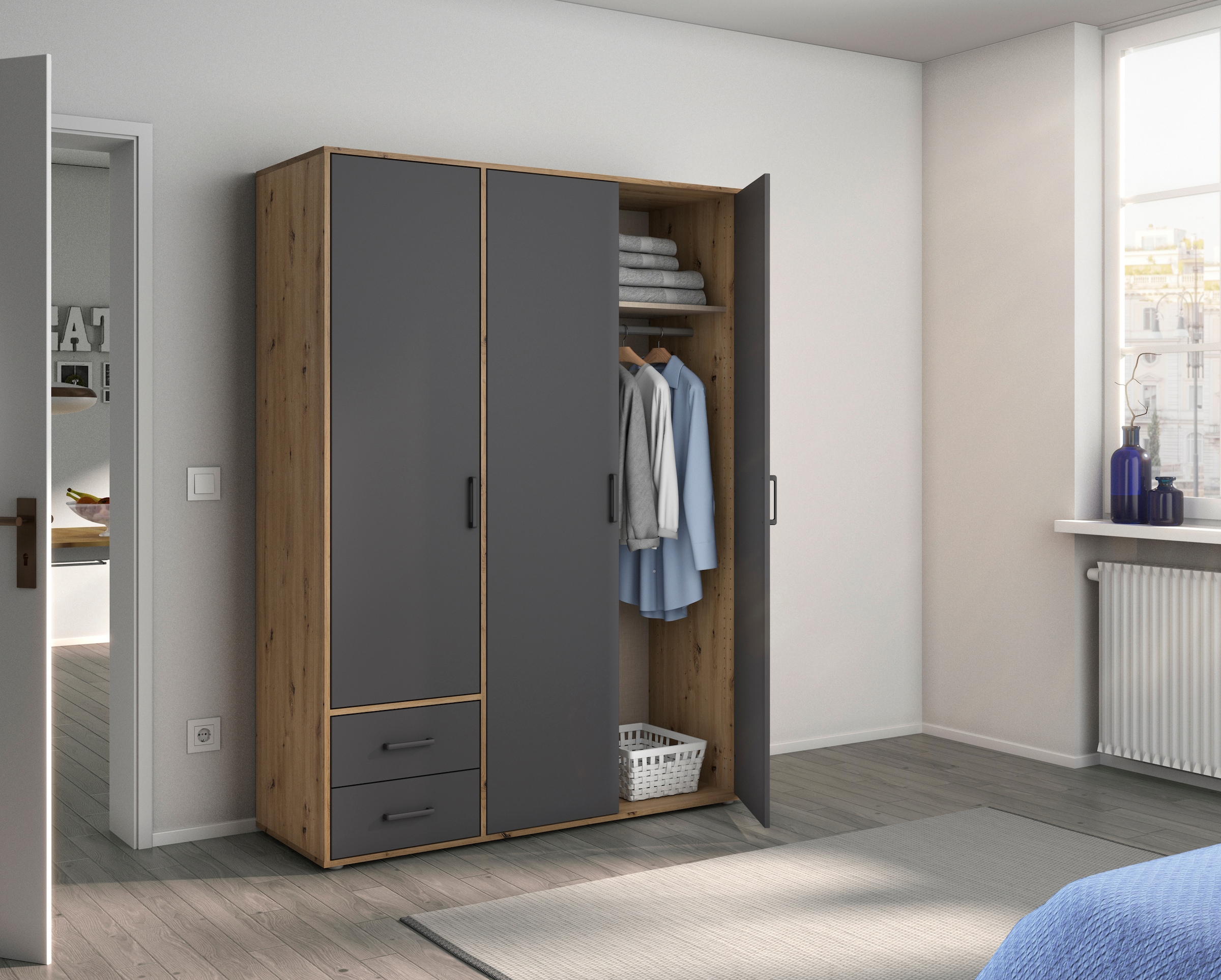 rauch Drehtürenschrank »Voyager, Kleiderschrank mit Außenschubkästen, Garderobe«, (in 3 verschiedenen Ausstattungen BASIC/CLASSIC/PREMIUM), Made in Germany