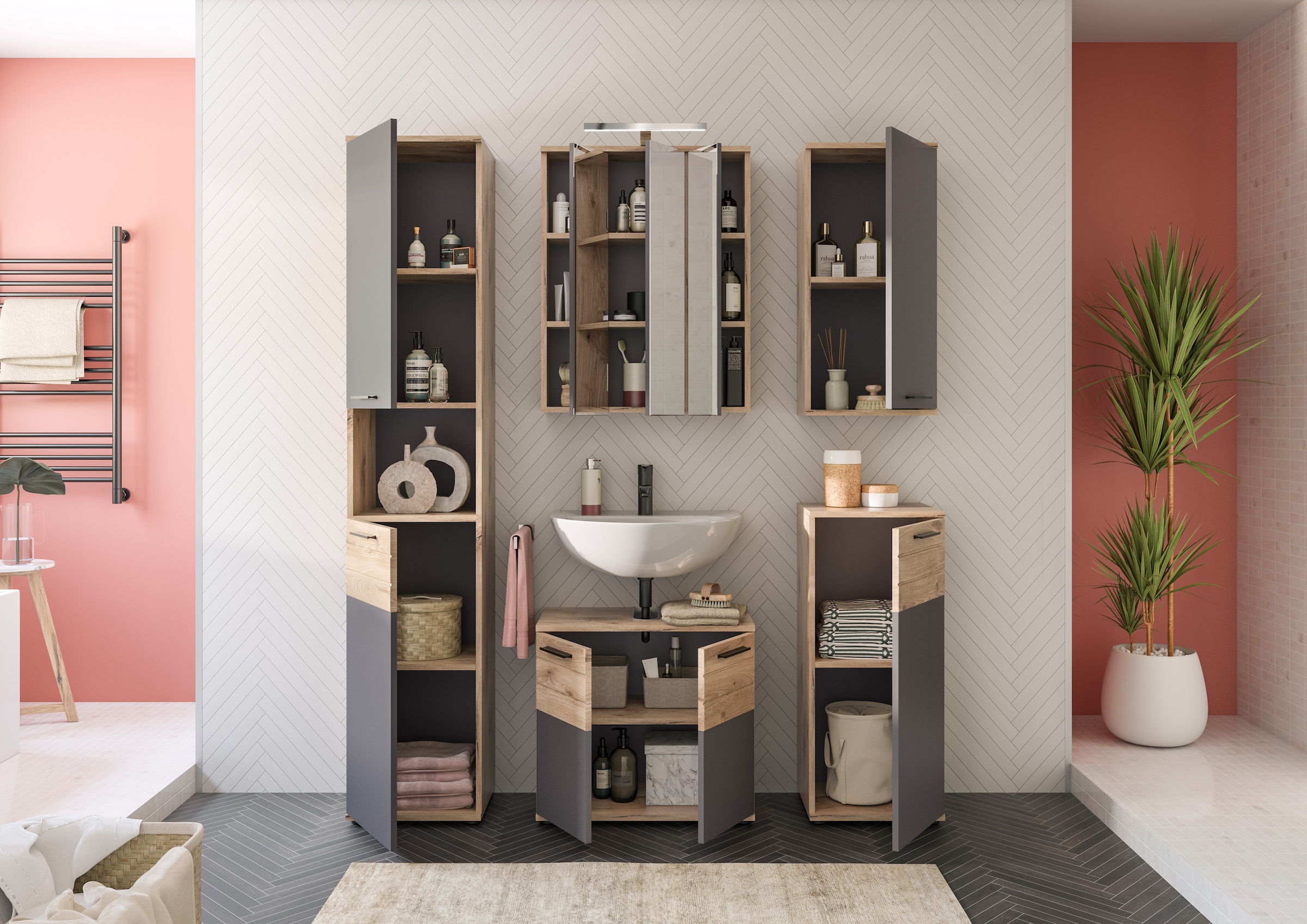 INOSIGN Badezimmerspiegelschrank »Riga, Breite 60cm, inkl. LED Beleuchtung, 3 Spiegeltüren, 9 Fächer«, (Set, 2 St.), Badmöbel, Badschrank, Schrank, Wandschrank, Bad, Badezimmer
