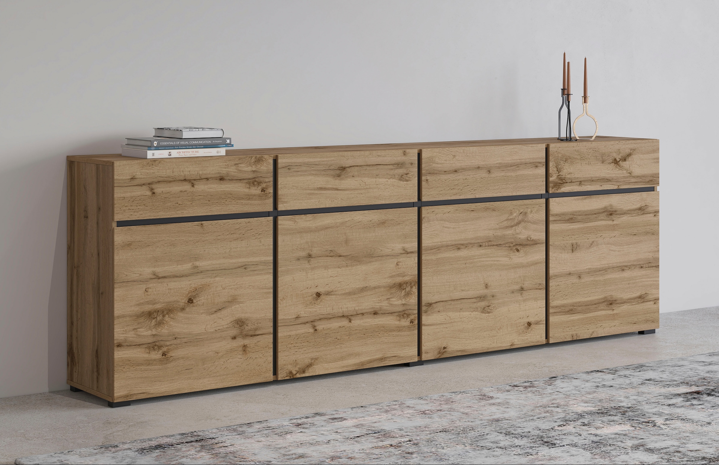 INOSIGN Sideboard »Cross,Breite 225 cm, moderne grifflose Kommode,4 Türen/4 Schubkästen«, Schubladenschrank mit viel Stauraum, Einlegeböden verstellbar