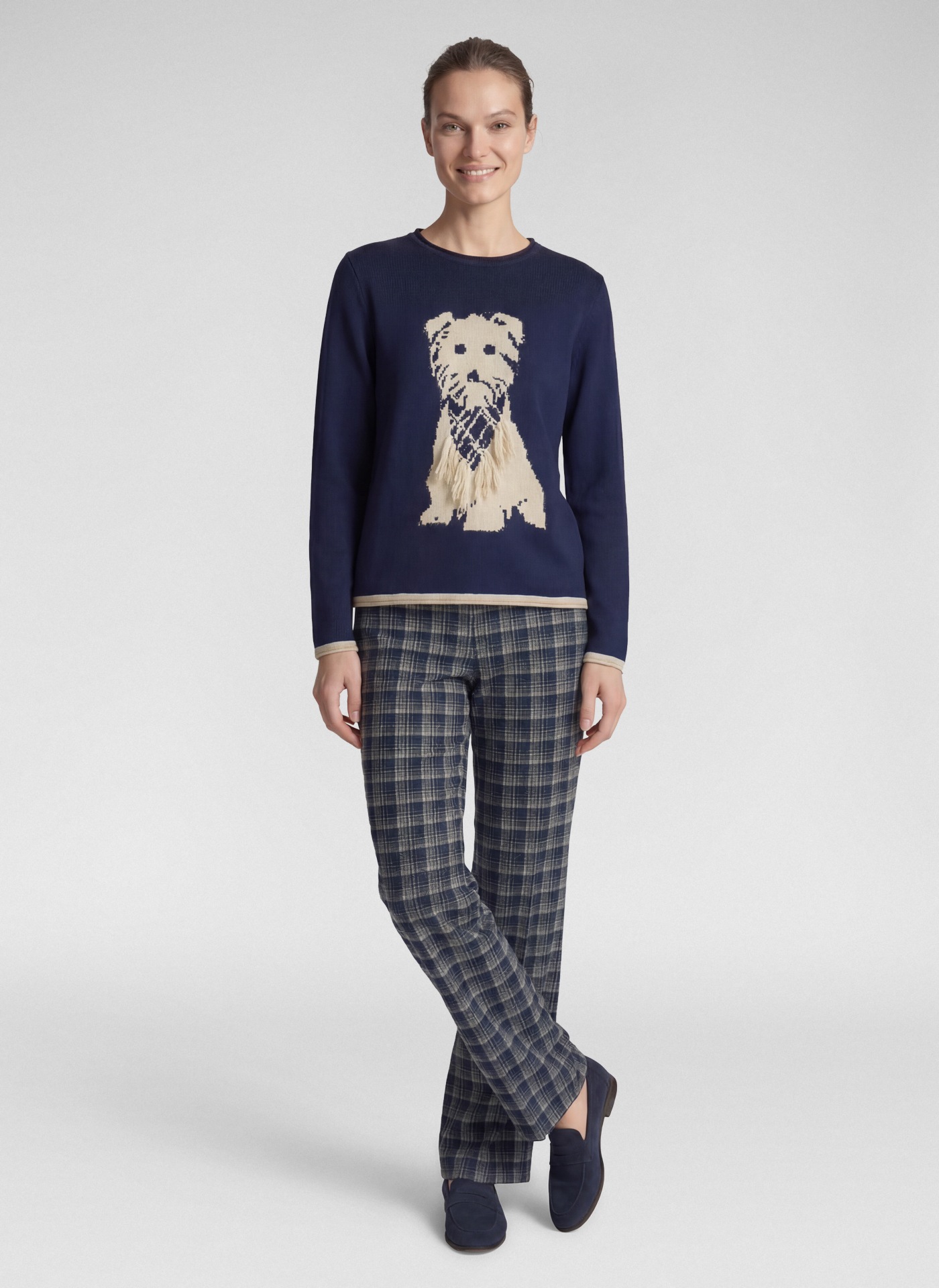 Rabe Strickpullover mit Hunde-Motiv und Fransen