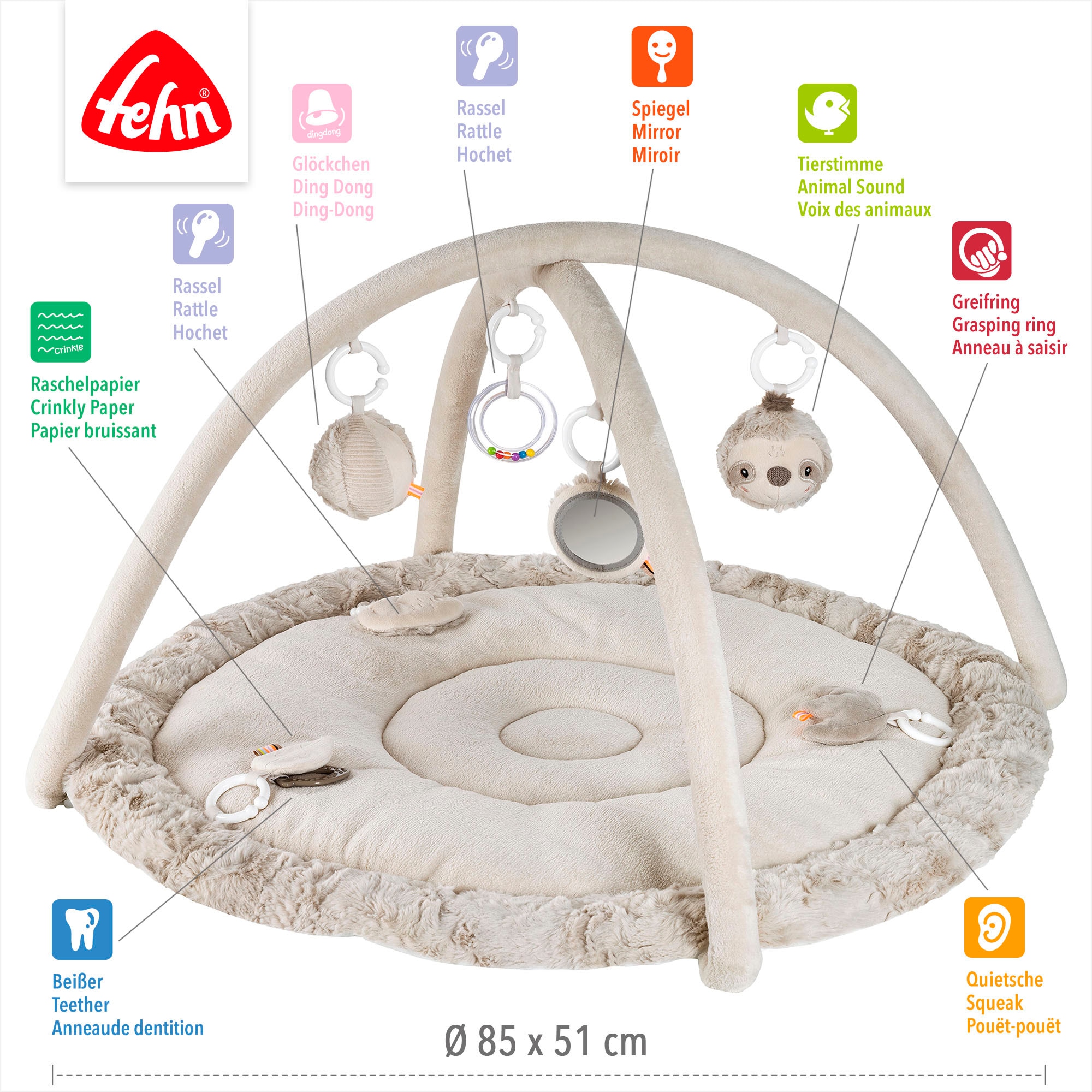 Fehn Spielbogen »Lazy, Crazy & Pink, Faultier, 3-D-Activity-Decke«, mit 5 abnehmbaren Spielzeugen