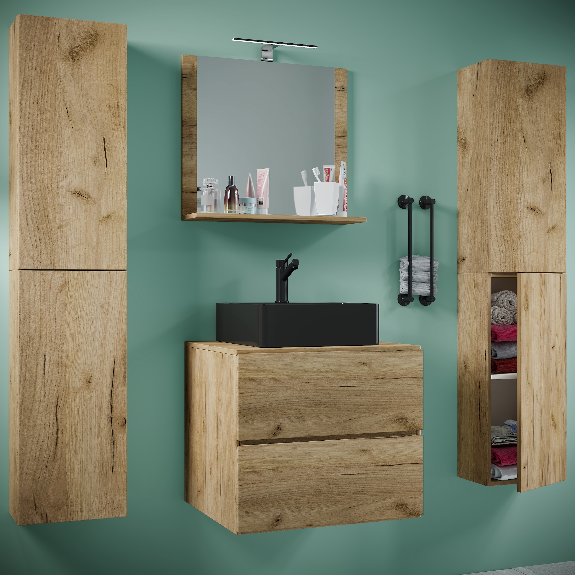 VCM Waschbeckenunterschrank »VCM 5-tlg. Waschplatz Waschtisch Badmöbel Set Waschbecken Lendas BL Breite 60 cm XL Schublade«, (5 St.)