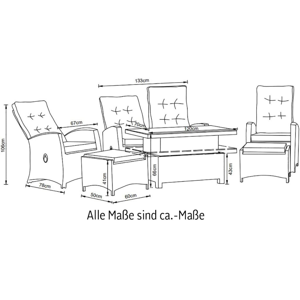 KONIFERA Gartenlounge-Set »Monaco«, (Set, 16 tlg., inkl. Auflagen, Alu, Polyrattan), höhenverstellbarer Tisch 43,5 - 66,5 cm