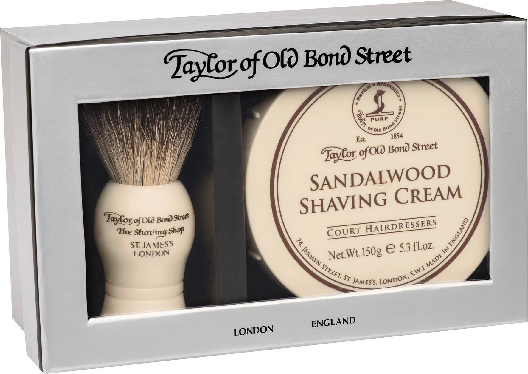 Taylor of Old Bond Street Rasierpinsel-Set »Sandalwood«, (2 tlg.), Shaving Cream und Dachshaar- Rasierpinsel