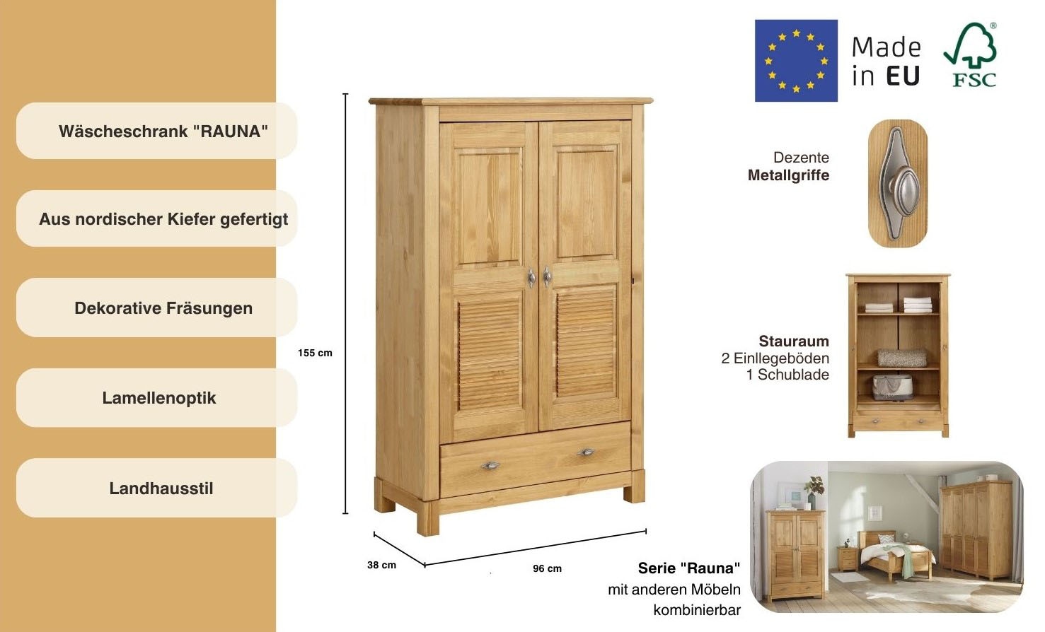 Home affaire Wäscheschrank »Rauna«, (B/H/T ca. 96/155/38 cm), aus massiver Kiefer, FSC®, 2-türig, 96cm breit