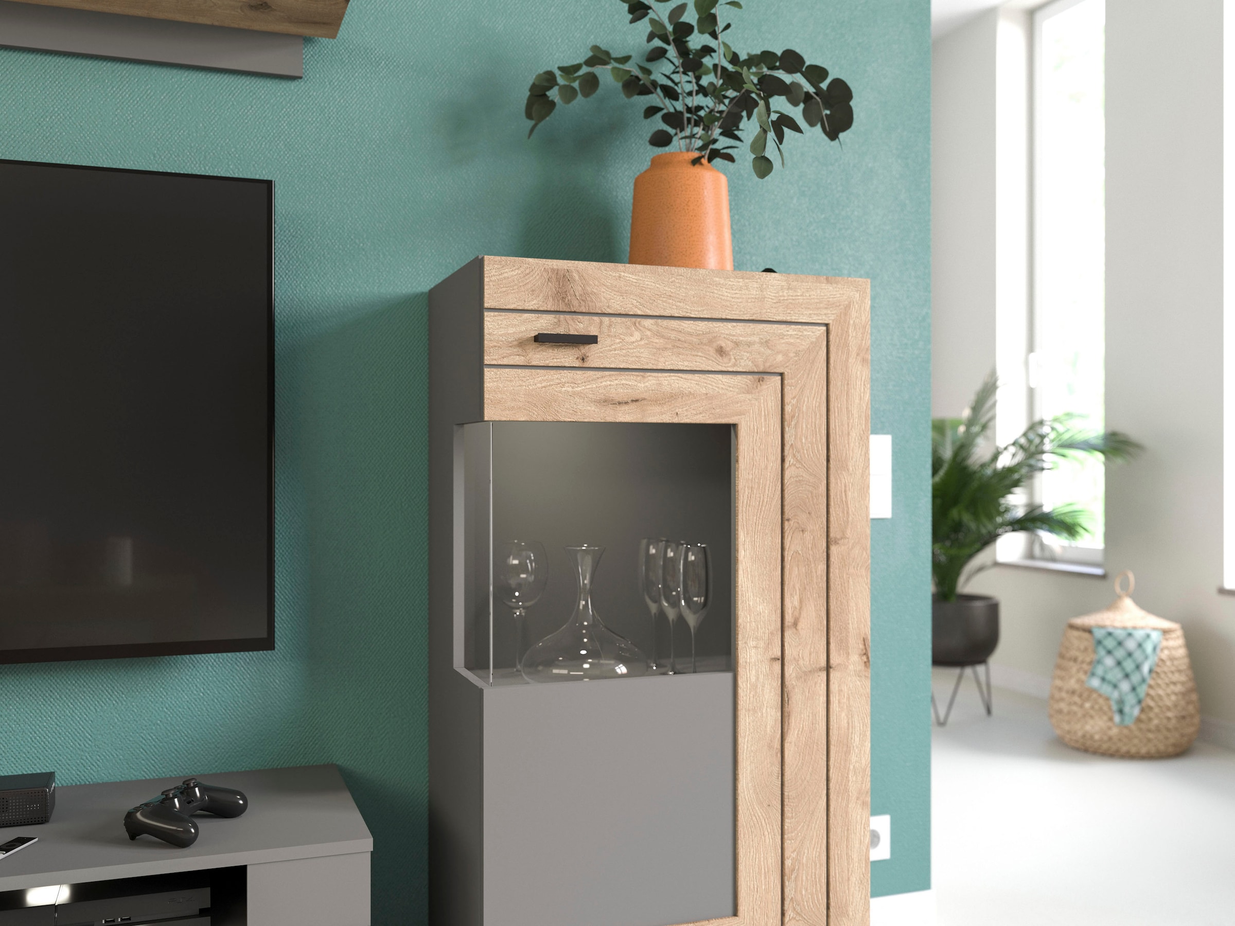 INOSIGN Vitrine »Aalborg, Höhe 118 cm, 1 Glastür, 2 Fächer, 2-farbig, Metallgriffe«, Anrichte, Schrank, Kommode, Midischrank, Wohnmöbel, Wohnzimmer