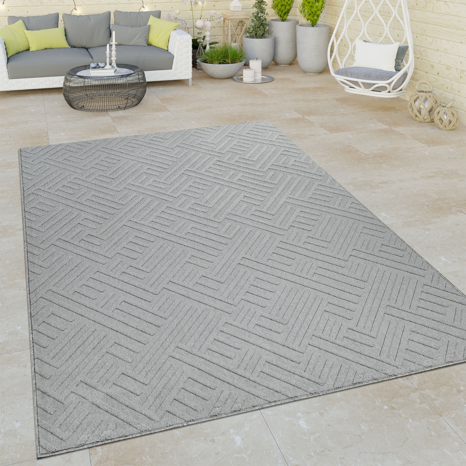 Paco Home Teppich »Namur 326«, rechteckig, 4 mm Höhe, Kurzflor, Uni-Farben, modernes Design, 3D-Effekt, Outdoor geeignet