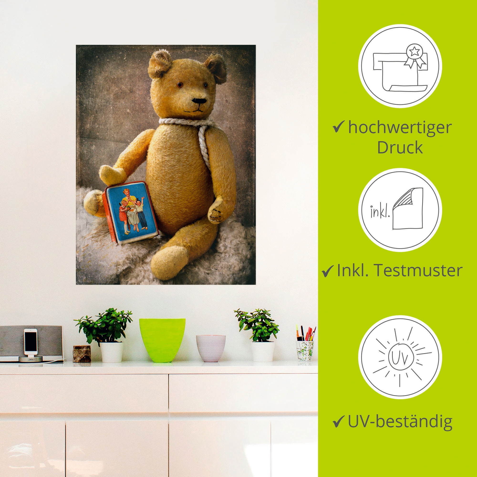Artland Wandbild »Teddybär mit Sparbüchse«, Spielzeuge, (1 St.), als Leinwandbild, Wandaufkleber in verschied. Größen