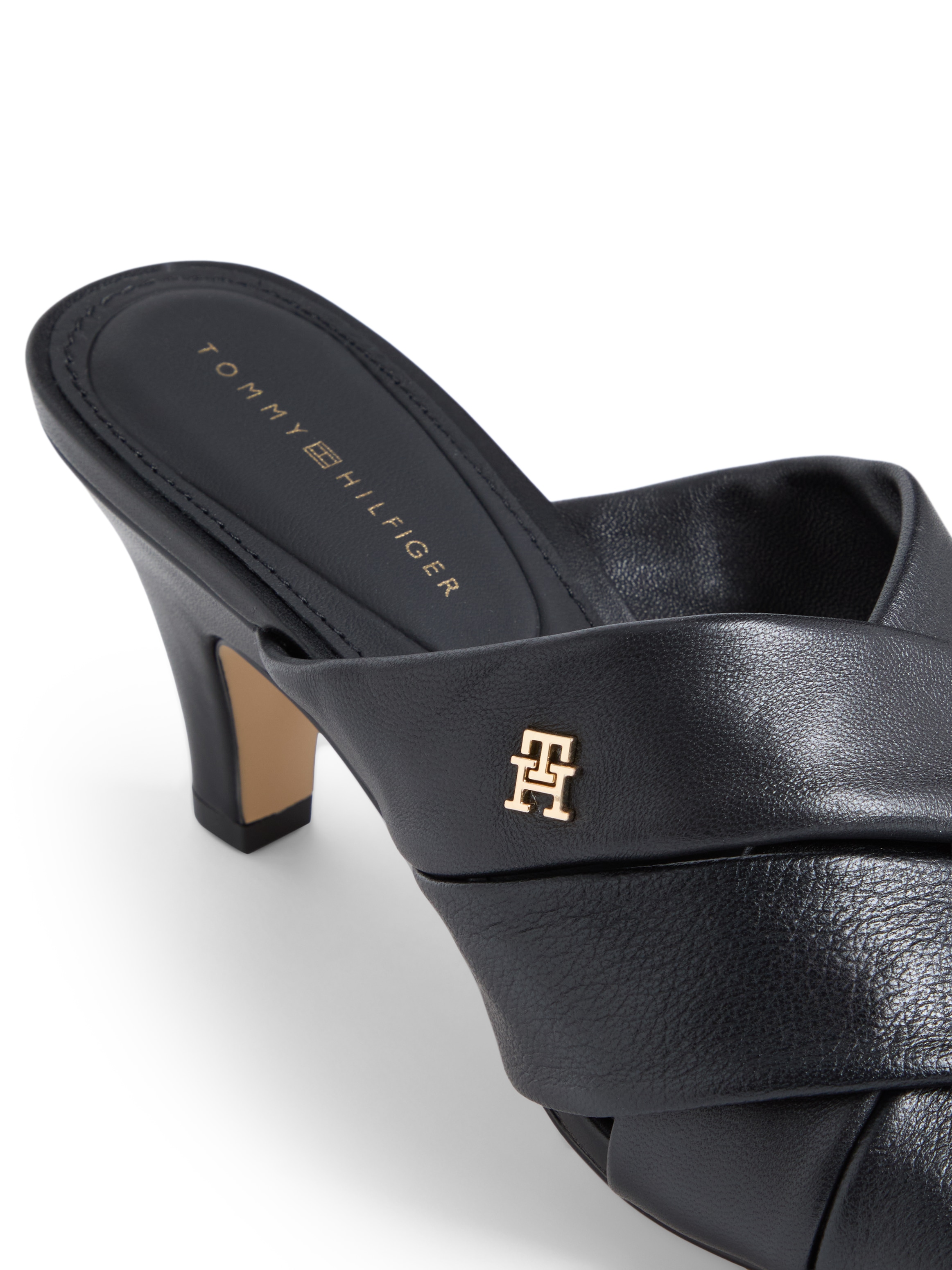 Tommy Hilfiger Pantolette »ELEVATED MID HEEL MULE LTH«  Sommerschuh, Schlupfschuh mit Trichterabsatz und weicher Bandage