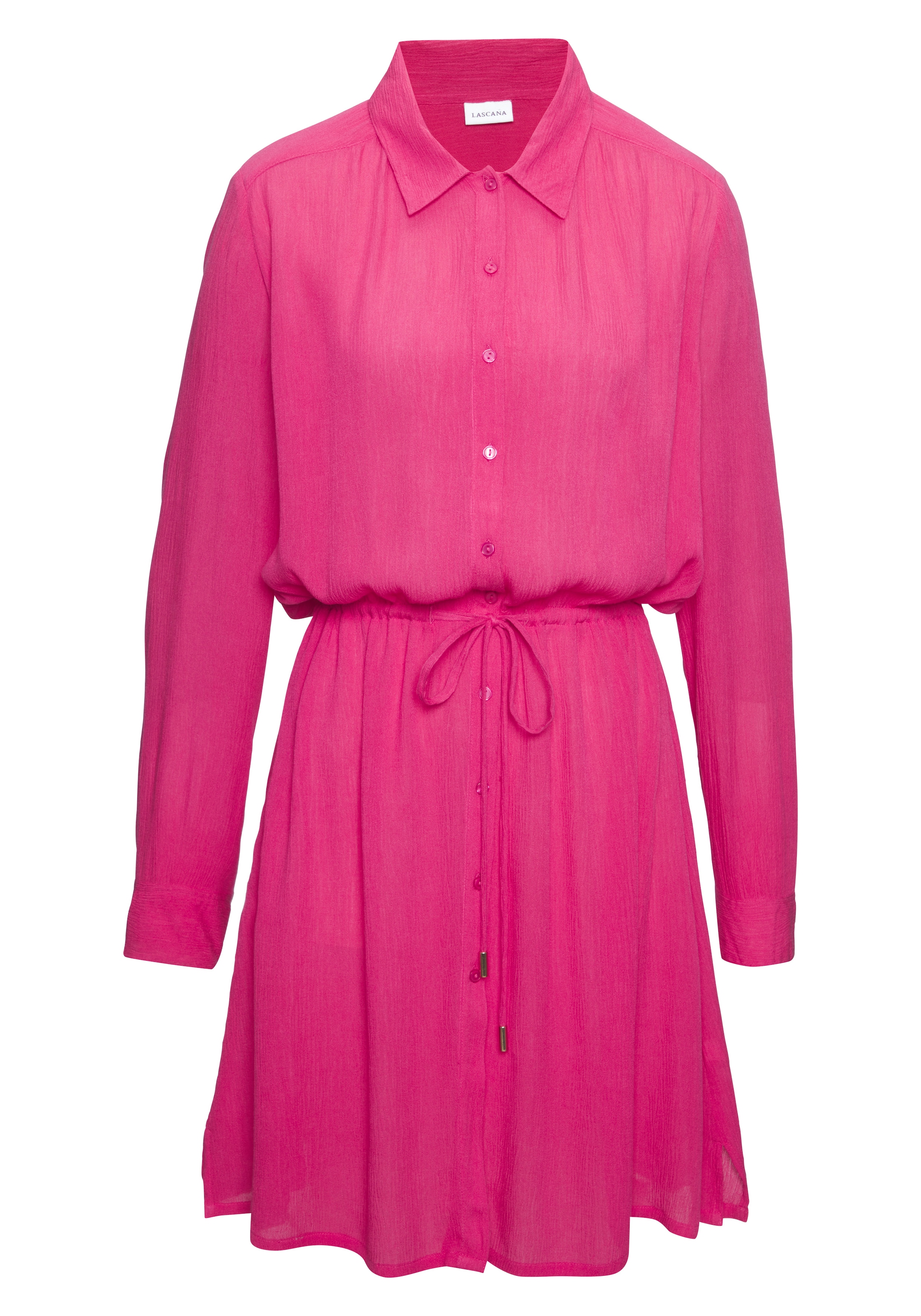 LASCANA Strandkleid »in leichter Crepe-Qualität mit variablem Tunnelzug in der Taille« Ohne Taschen kurzes Hemdblusenkleid, Sommerkleid, Longbluse mit langen Ärmeln