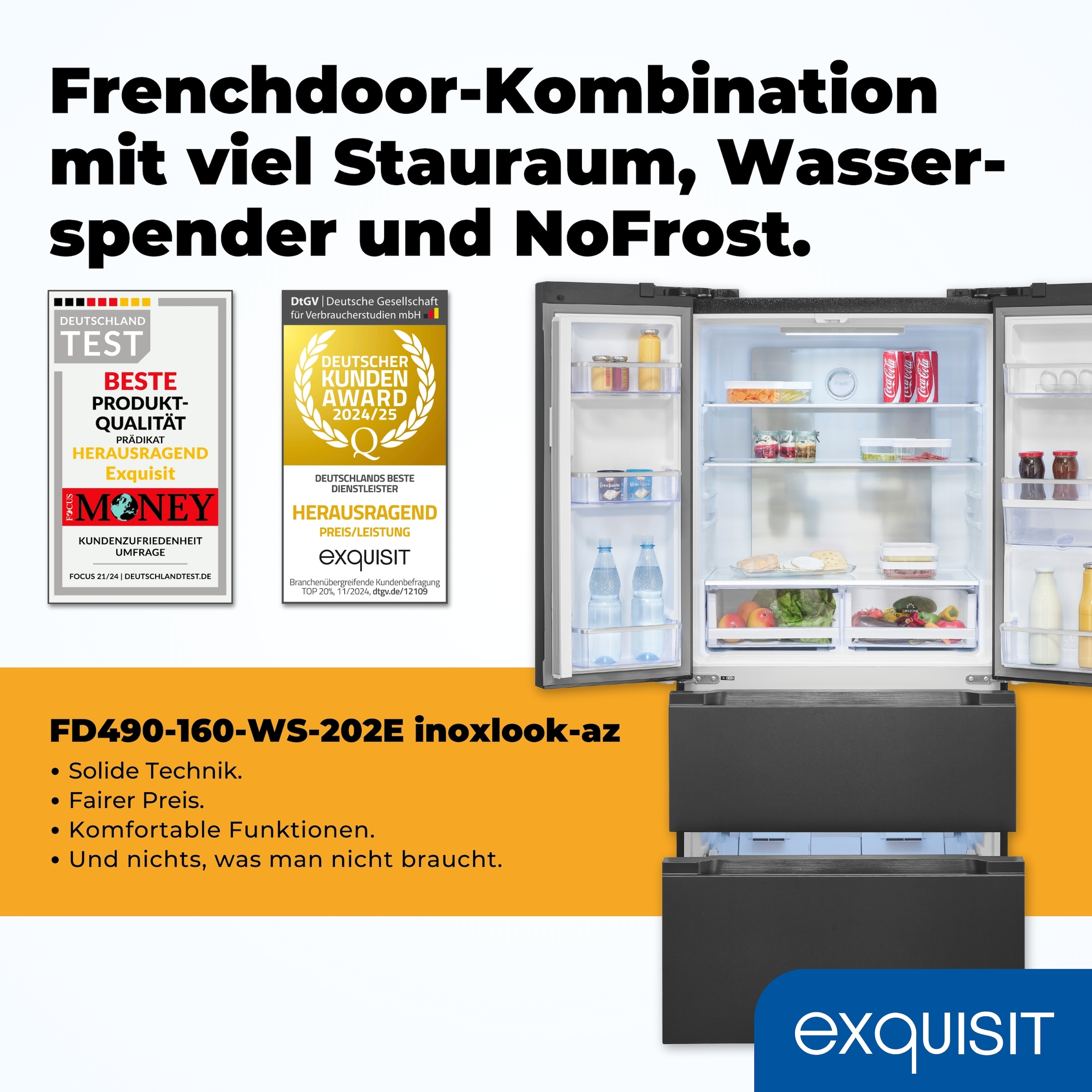 exquisit French Door FD490-160-WS-202E inoxlook-az »FD490-160-WS-202E inoxlook-az« 183 cm hoch 83,6 cm breit