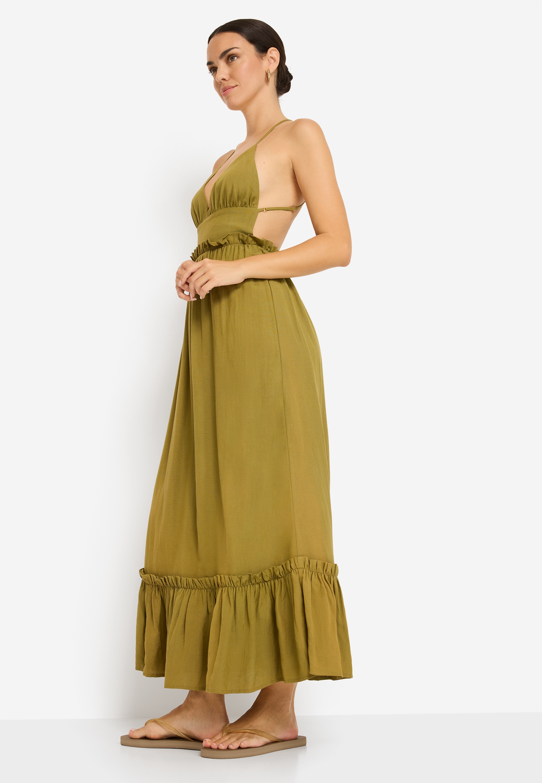 LSCN by LASCANA Maxikleid Ohne Taschen aus Webware mit Leinenanteil, Strandkleid, Boho-Kleid