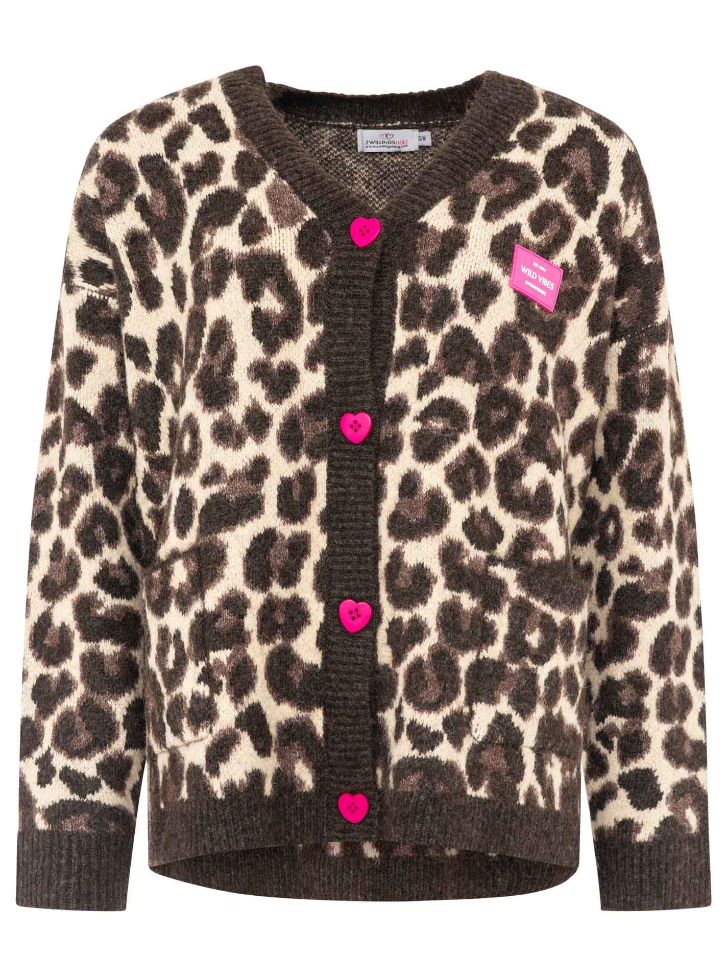 Zwillingsherz Cardigan »"Leo Love"« Herzknöpfe, Leomuster, unifarbene Kanten, oversize, Logopatch