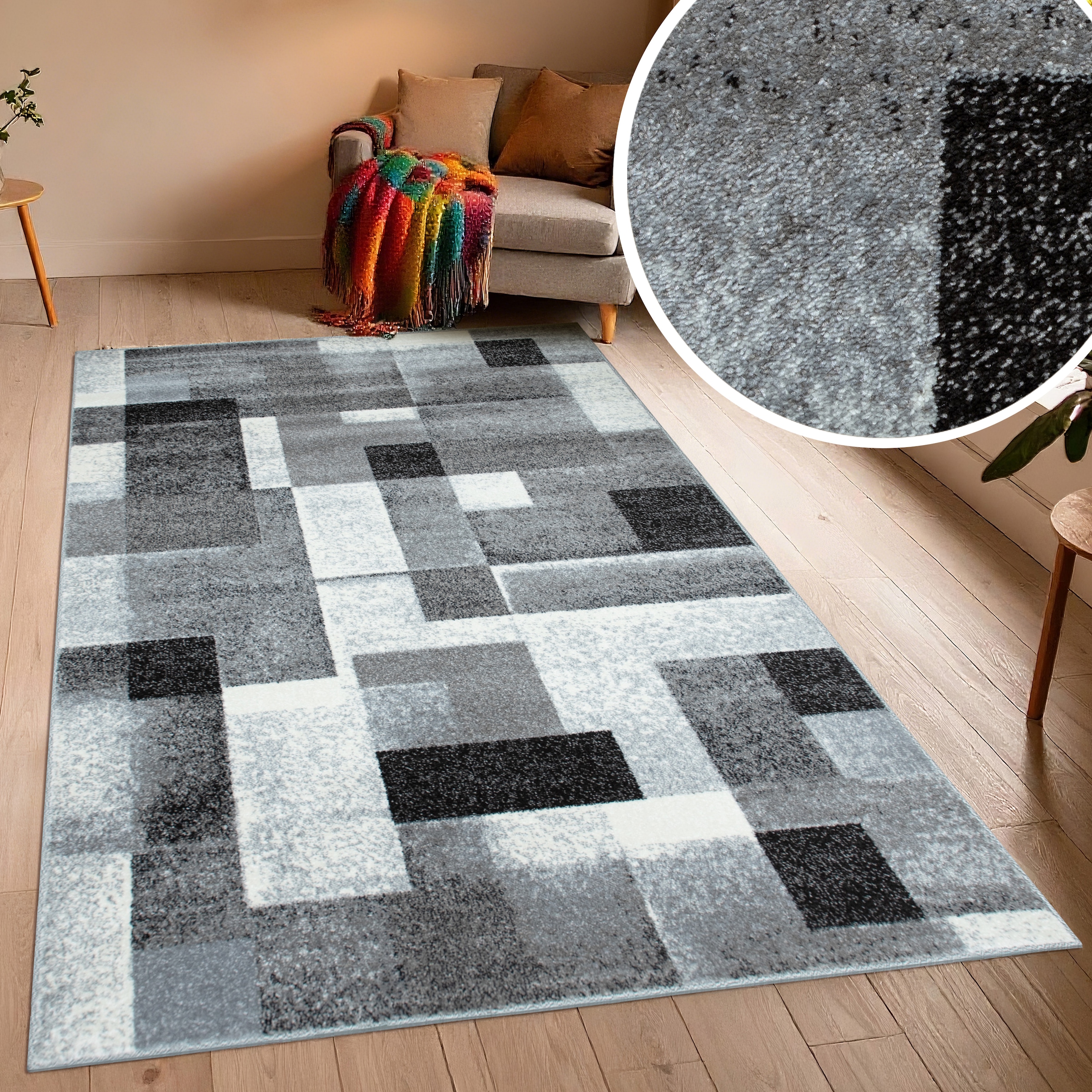 OTTO home Teppich »Corine« rechteckig 9 mm Höhe mit besonders weichem Flor, Kurzflor, modernes Karo-Design,