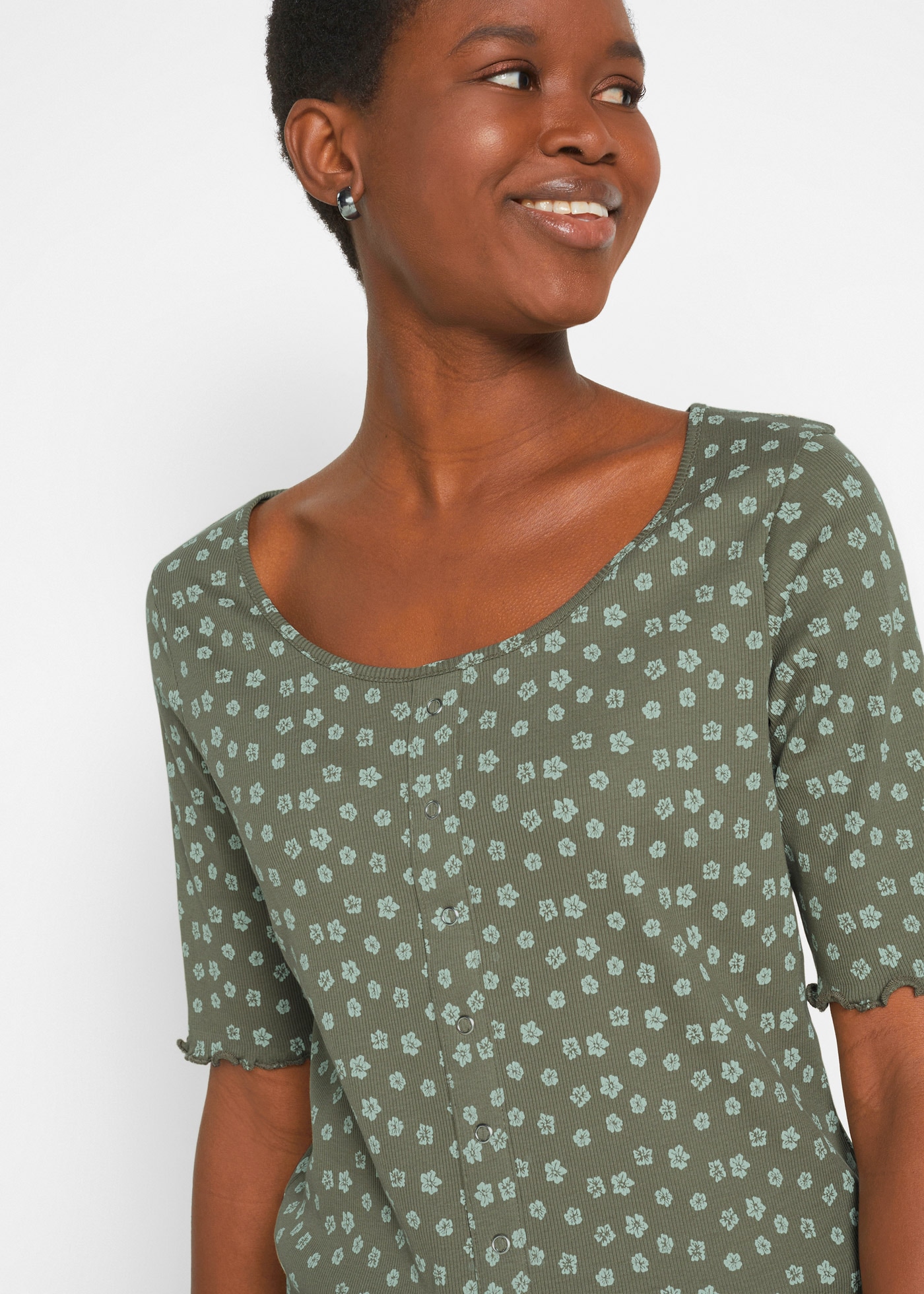bonprix T-Shirt »Ripp-Shirt mit Blumendruck, Halbarm« mit Blumendruck
