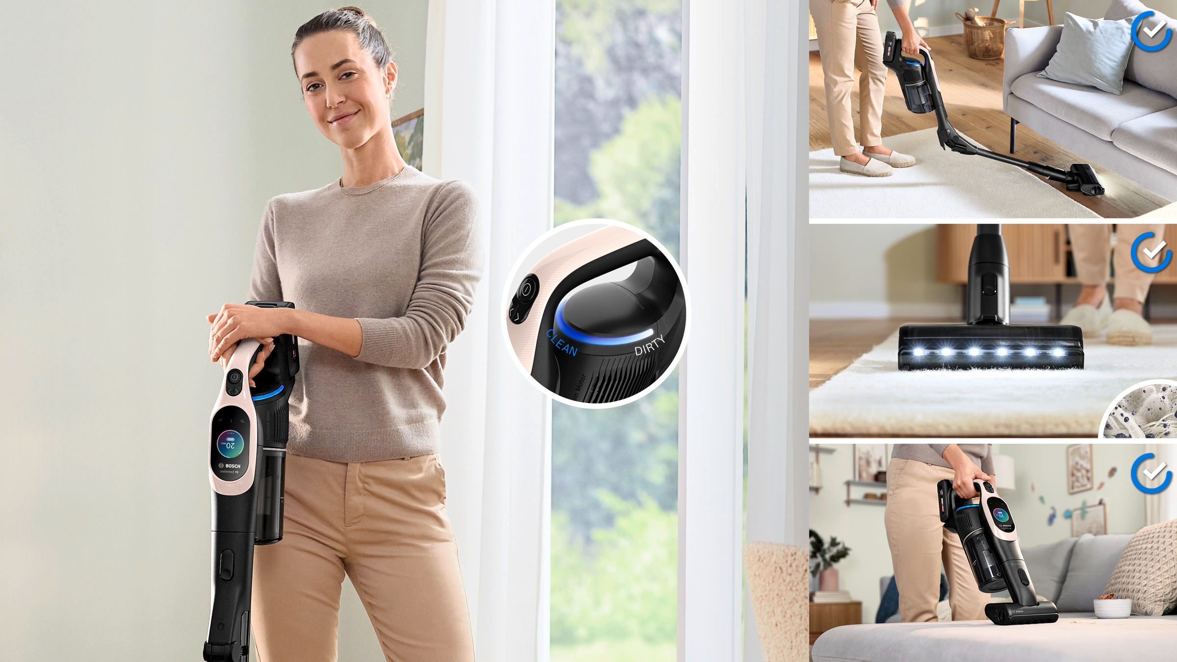 BOSCH Akku-Stielstaubsauger »Unlimited 10 BKS1041RHF, MicroClean™ Technology, Display, Knickrohr«, HEPA-Filtersystem, 10 Jahre Motorgarantie, LED-Licht, powder rose