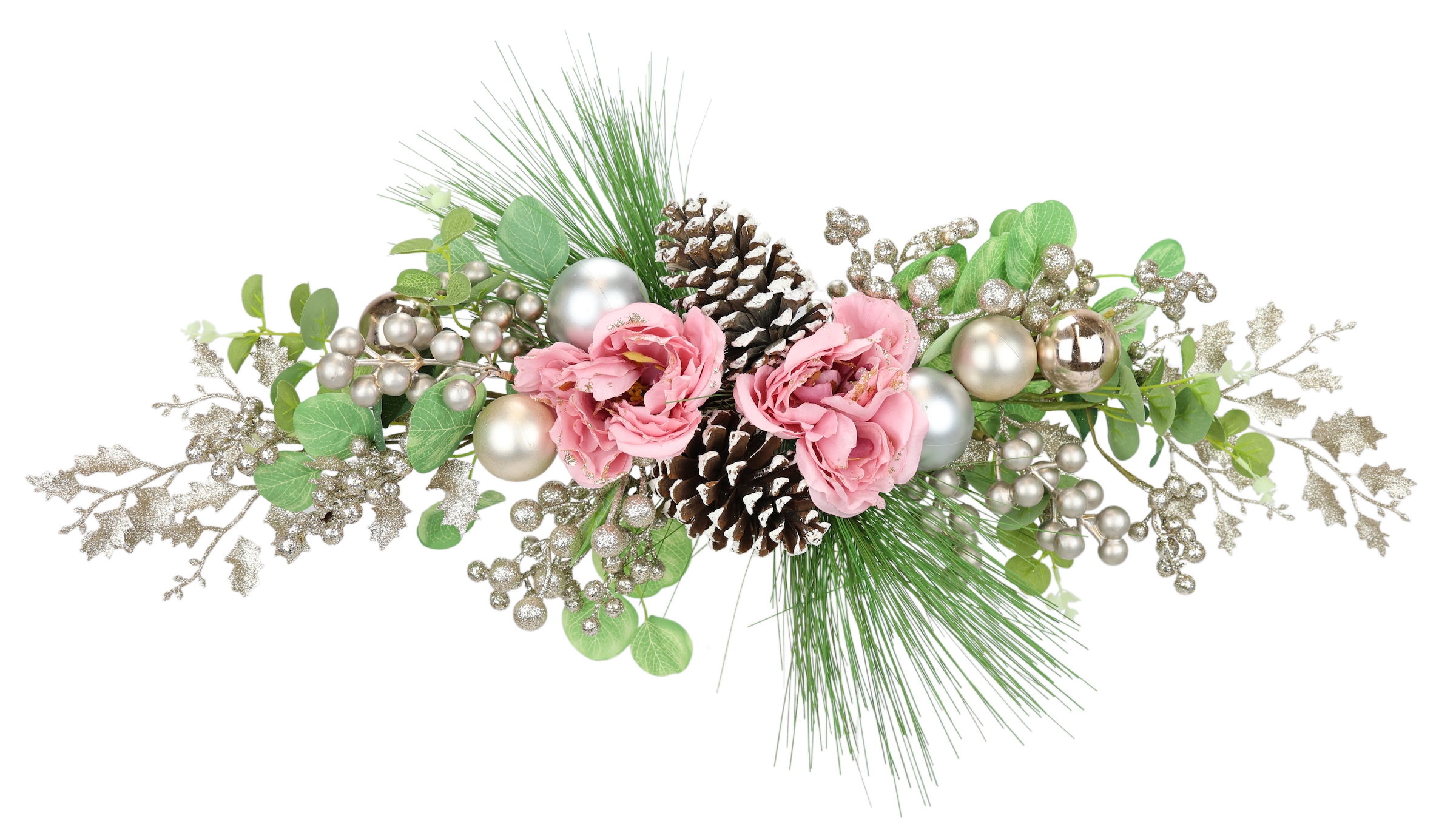 I.GE.A. Kunstblume »Tischgesteck Päonie« Aufleger Eukalyptus, Zapfen, Tischdeko Weihnachtsdeko Weihnachtsblumen