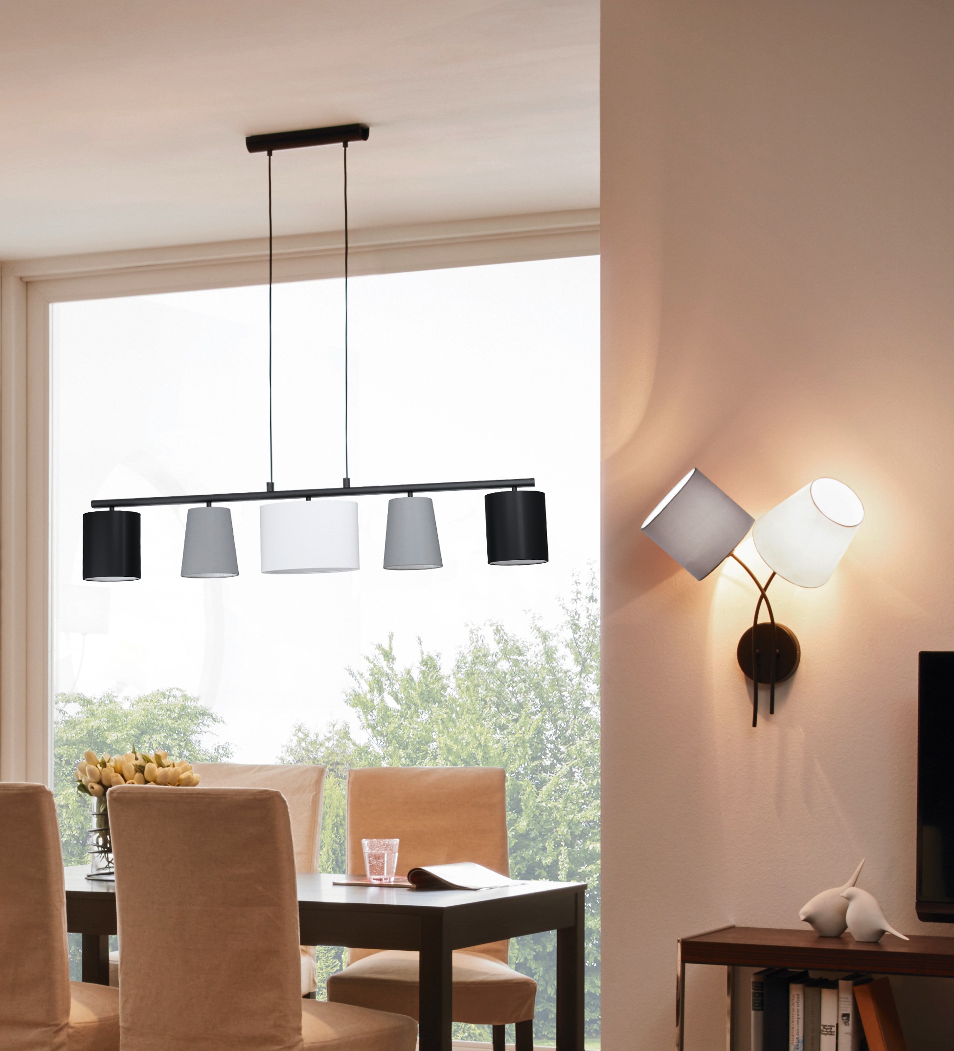 EGLO Hängeleuchte »ALMEIDA 1«, 5 flammig, Leuchtmittel E14 | Leuchtmittel wechselbar-ohne Leuchtmittel, schwarz / L120 x H110 x B25,5cm / exkl. 5 x E14 / Stoff Lampenschirme