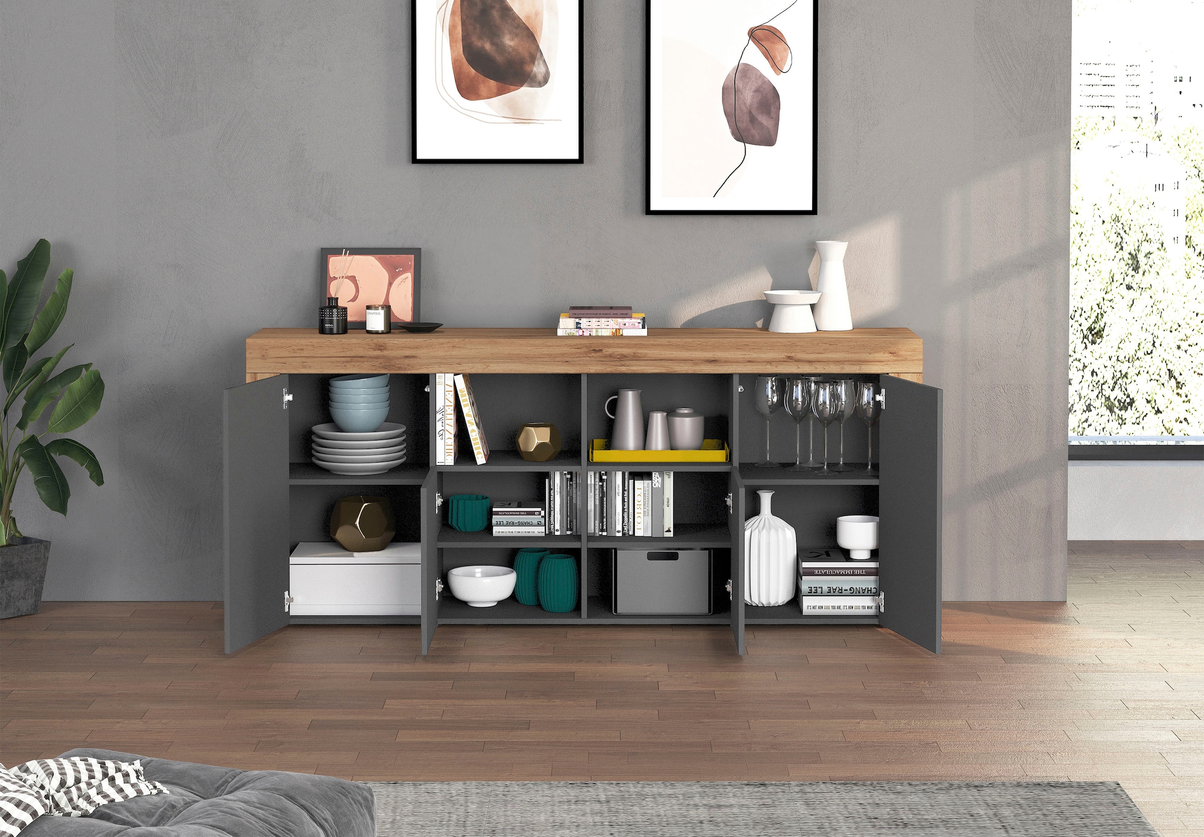 INOSIGN Sideboard »CHRONOS Breite 200 cm  mit 4 Türen, 2 offene und 8 geschlossene Fächer« 1 Stk. tlg. Sideboard,Kommode, Schrank, Grifflos mit Push to Open, Made in Italy