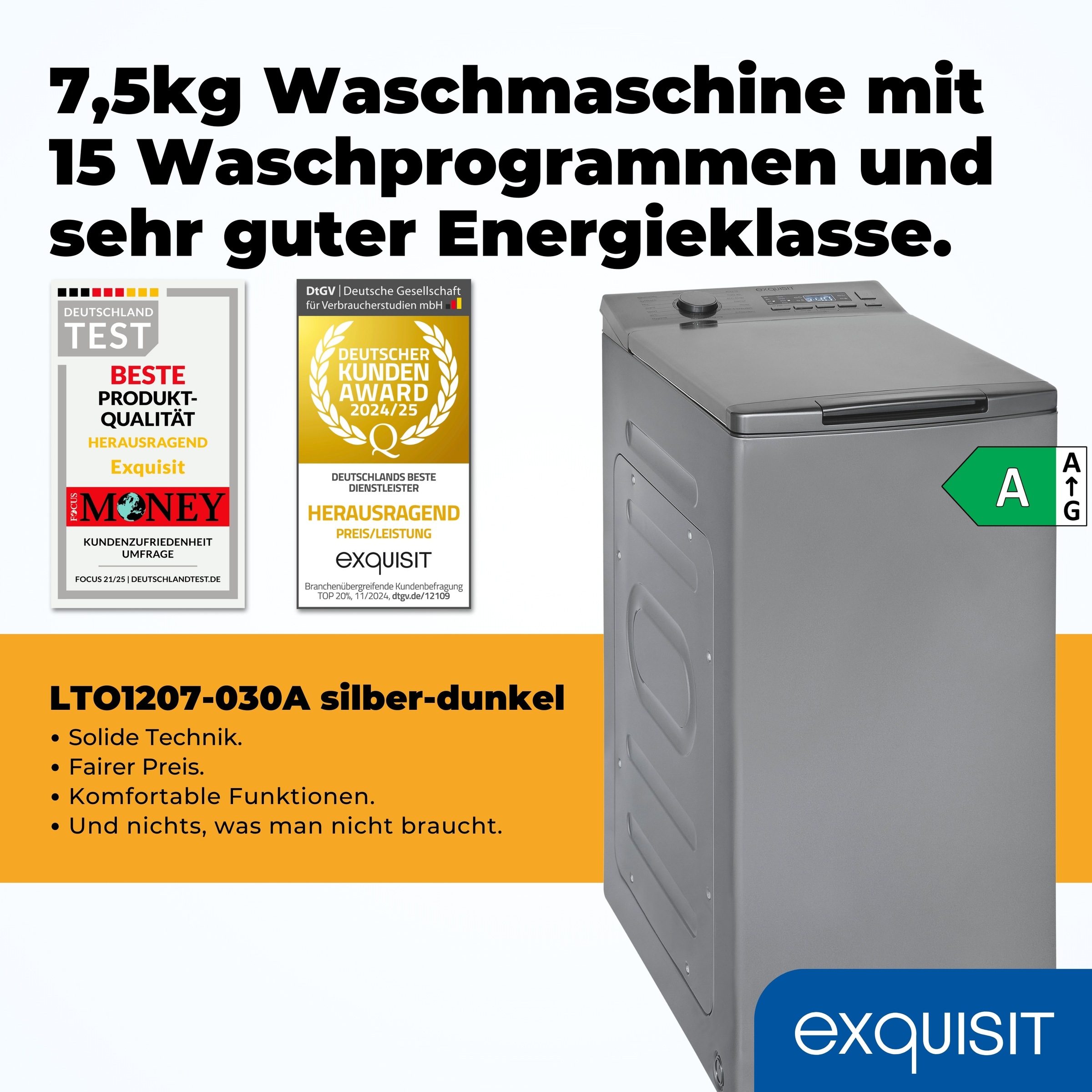 exquisit Waschmaschine »LTO1207-030A silber-dunkel« 7,5 kg 1200 U/min Rückenschonend: bequem von oben zu beladen mit softer Türöffnung