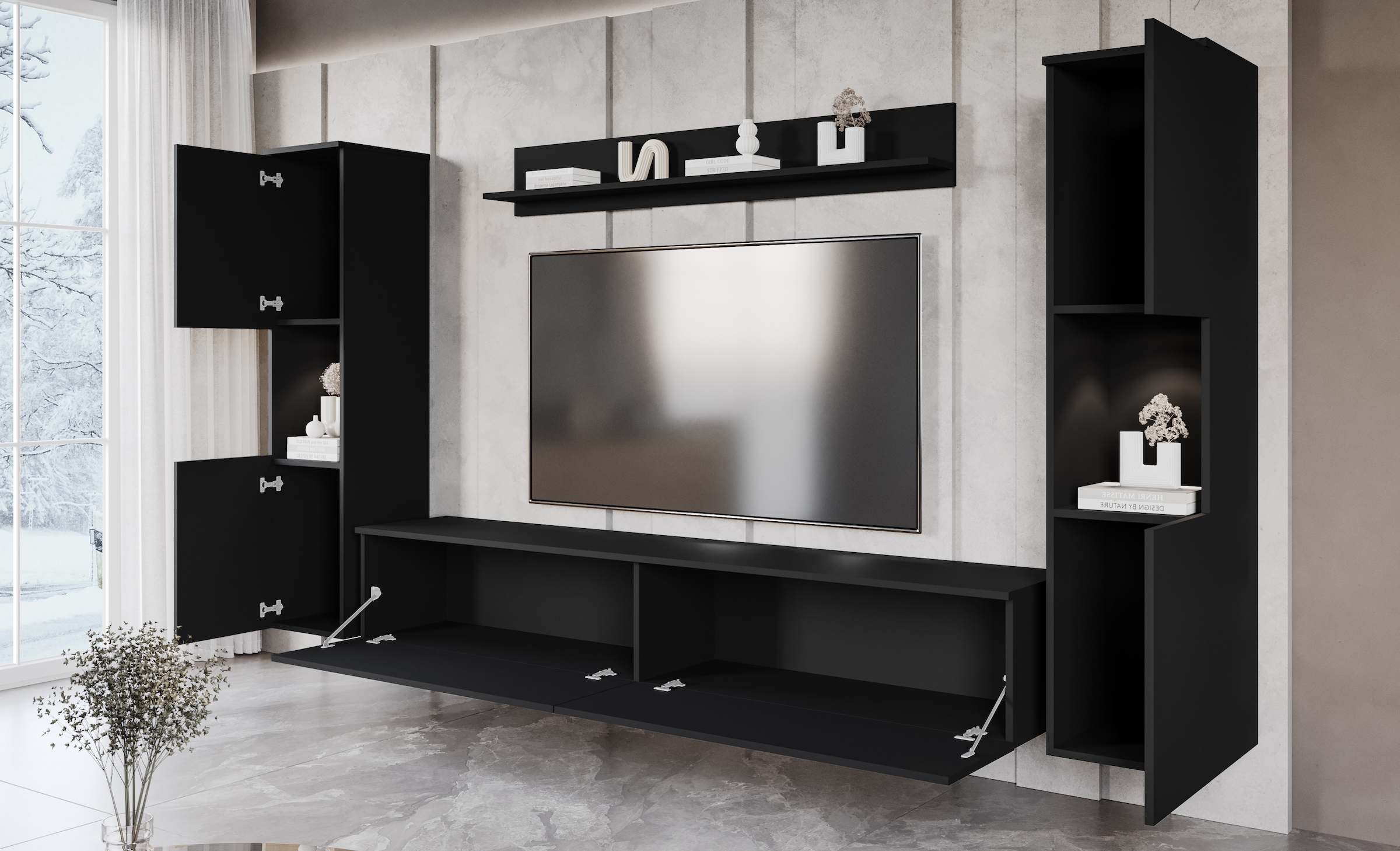 INOSIGN Wohnwand »PARIS, Vitrine Türanschlag links/rechts wechselbar«, (Komplett-Set, 4 St.), grifflose Design, stehend und hängend montierbar