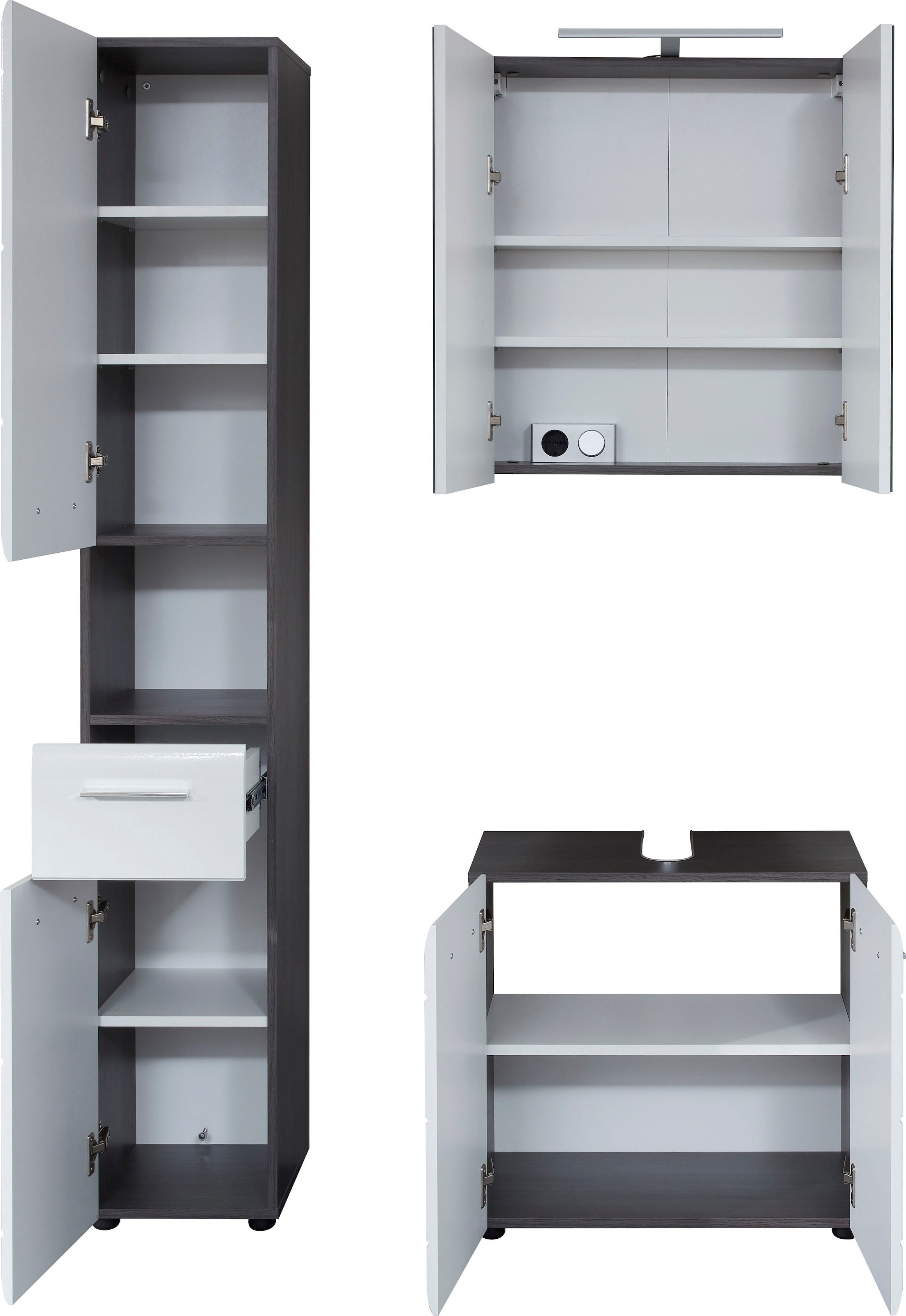 INOSIGN Badmöbel-Set »Sovana«, (Set, 3 St.), Hochschrank, Waschtisch und Spiegelschrank mit Beleuchtung