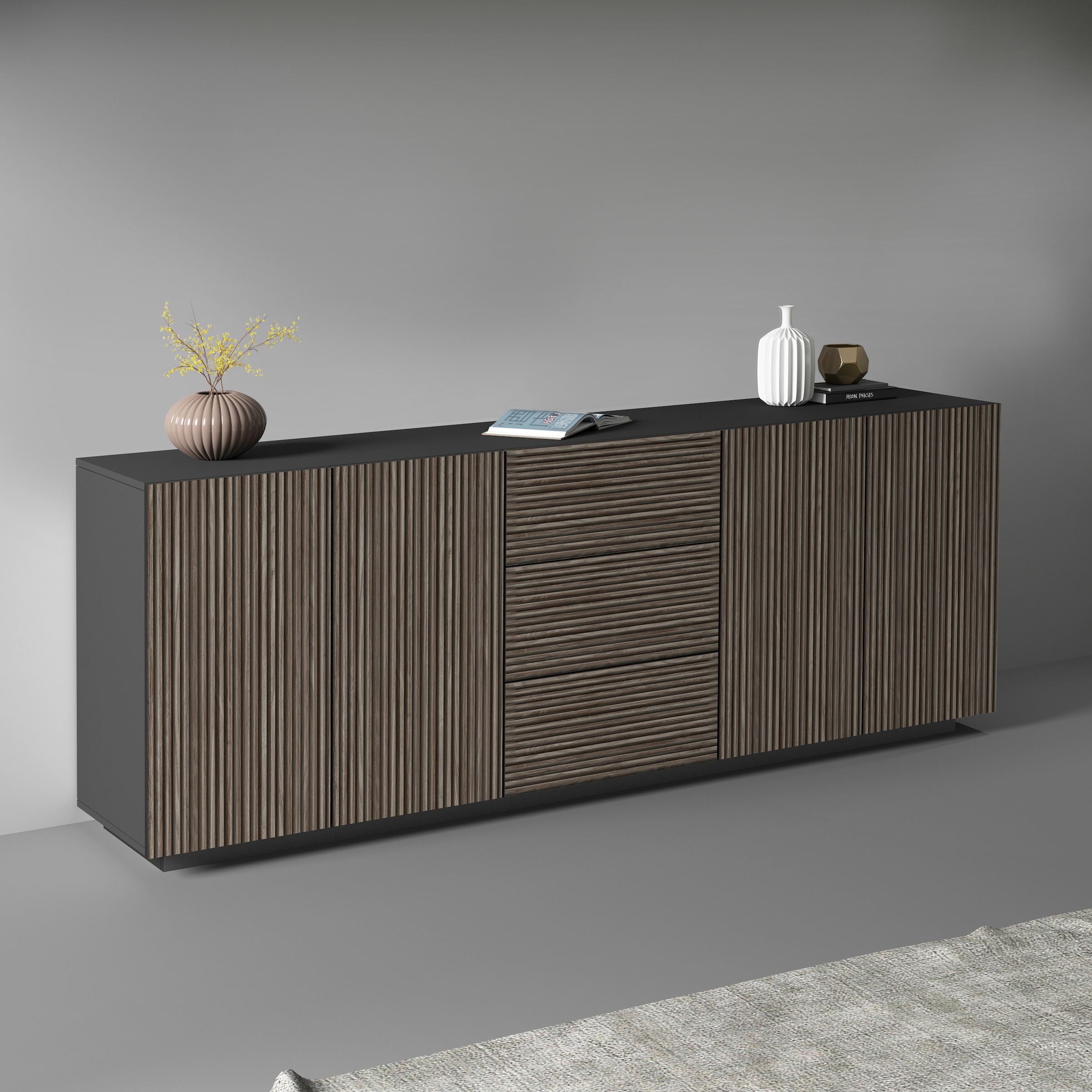 Home affaire Sideboard »Vega Sideboard,Kommode,220 cm« mit 4 Türen und 3 Schubladen,Fronten mit Rillen-Optik