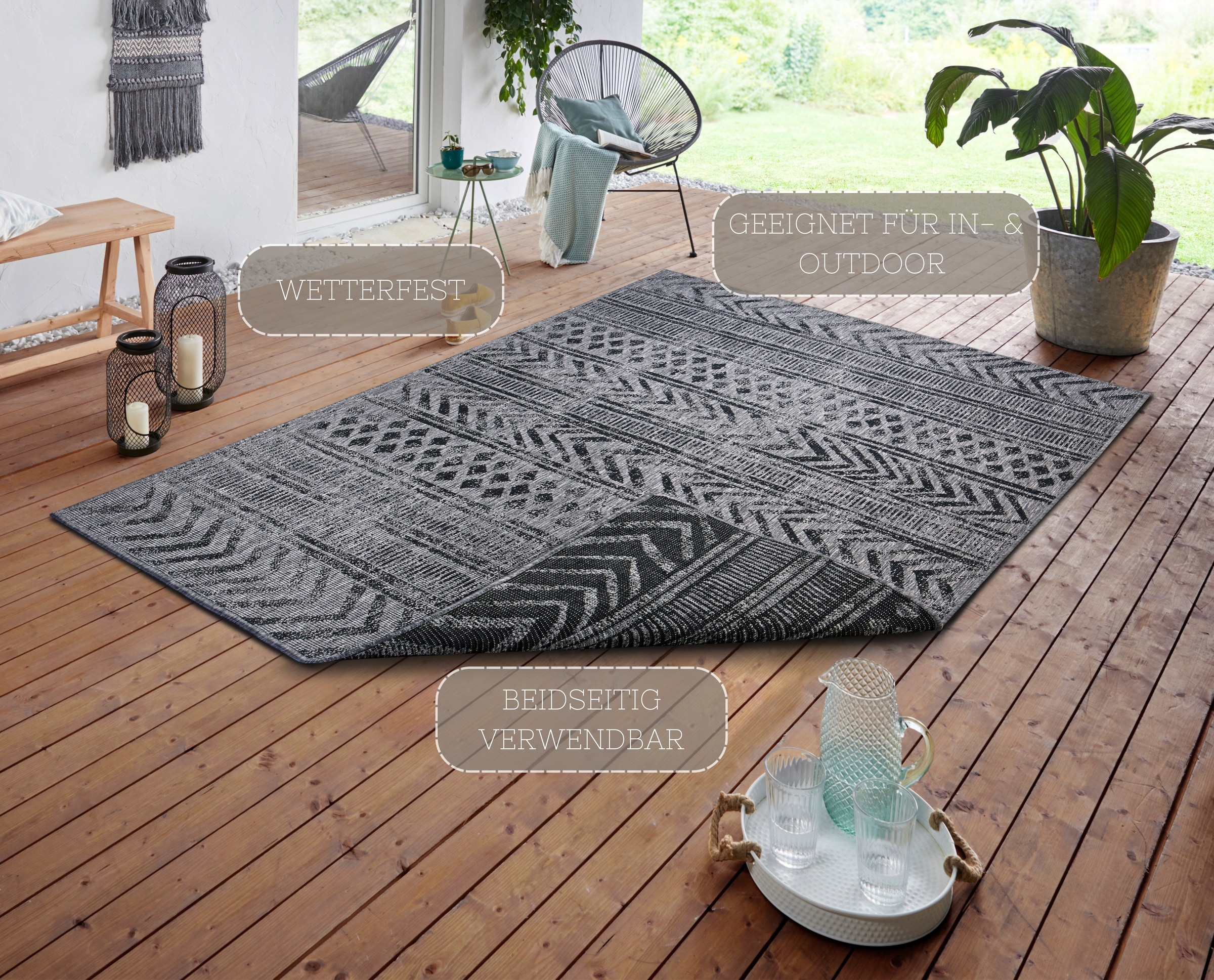 NORTHRUGS Teppich »BIRI Wendeteppich«, rechteckig, 5 mm Höhe, In-& Outdoor, Wetterfest, Balkon, Läufer, Wohnzimmer, Wasserfest, Boho