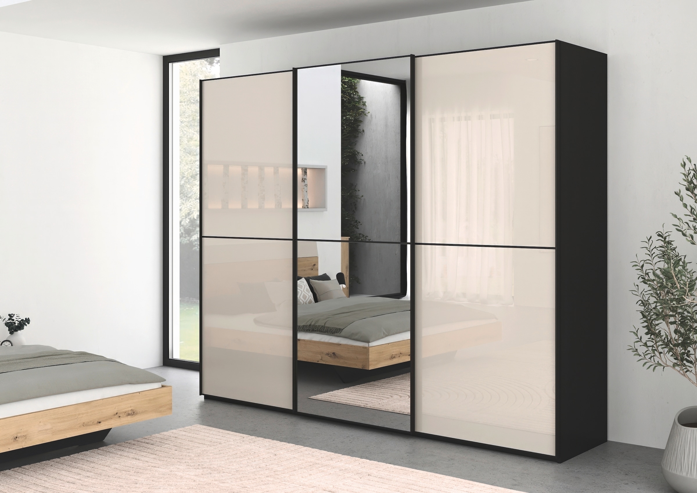 rauch Schwebetürenschrank »Kleiderschrank Schrank Garderobe Schlafzimmerschrank SCALE-DUO«, edle zweigeteilte Türen Spiegel/Glas-Mix 3 Zierleisten MADE IN GERMANY