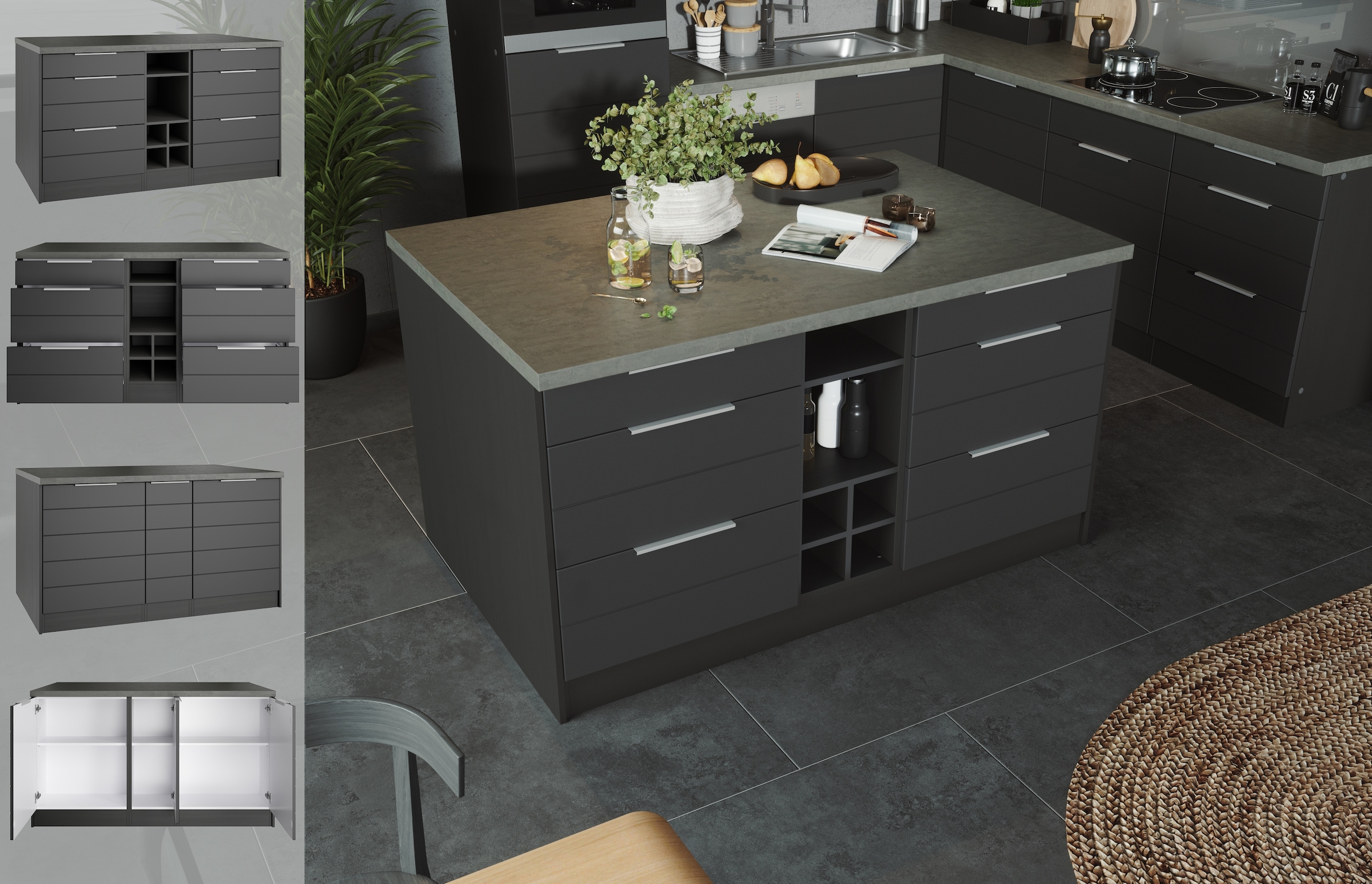 KOCHSTATION Kücheninsel »KS-Luhe, Breite 153 cm, mit Flaschenregal« MDF-Fronten, Arbeitsplatte 38mm stark