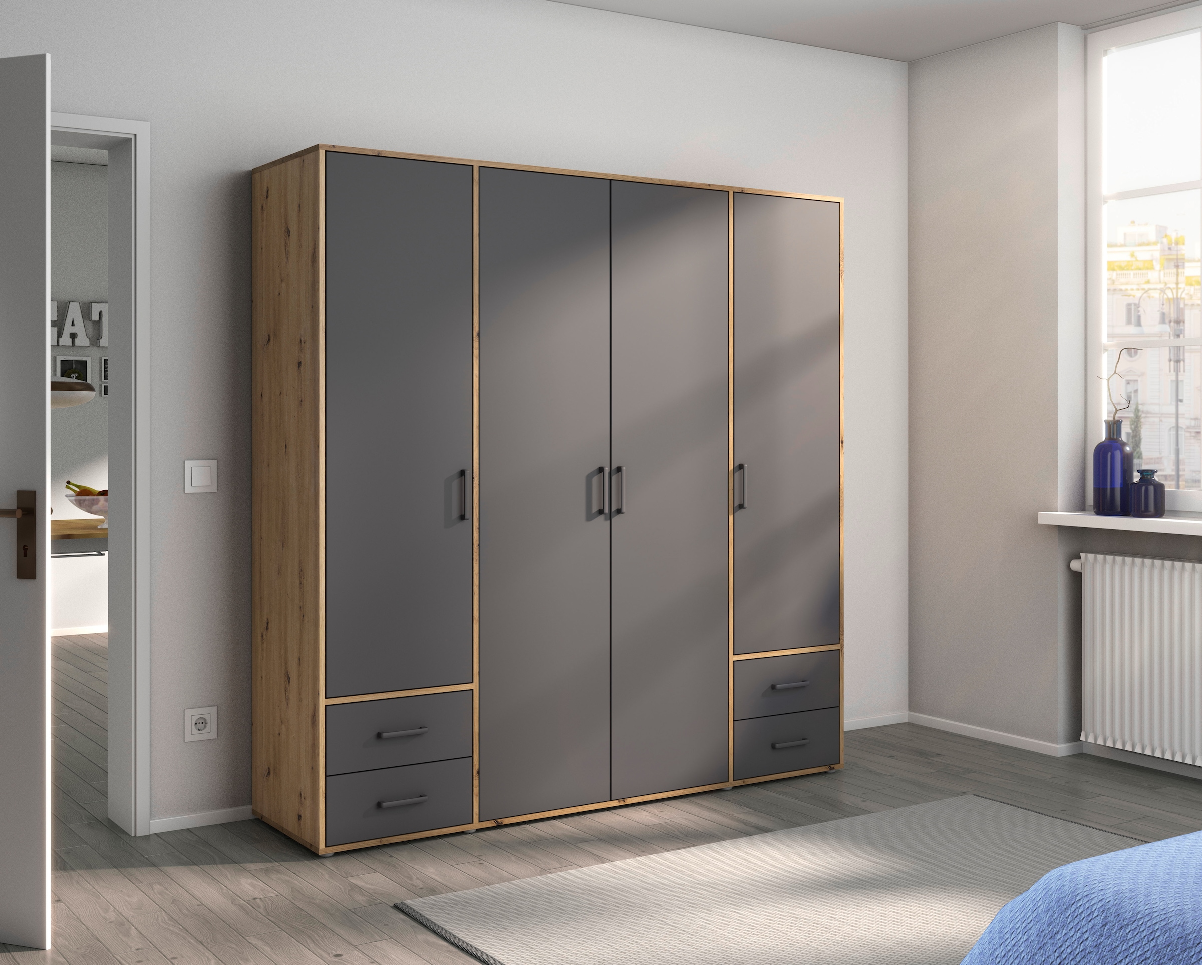 rauch Drehtürenschrank »Voyager, Kleiderschrank mit Außenschubkästen, Garderobe«, (in 3 verschiedenen Ausstattungen BASIC/CLASSIC/PREMIUM), Made in Germany