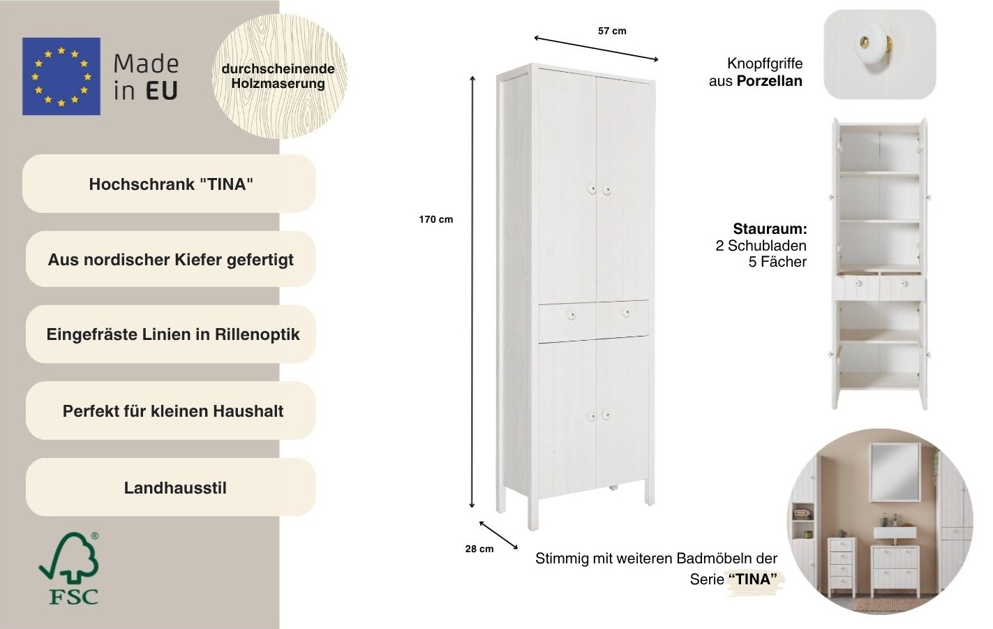 Home affaire Hochschrank »Tina« Badmöbel,  Schrank, Breite 57 cm, Massivholz
