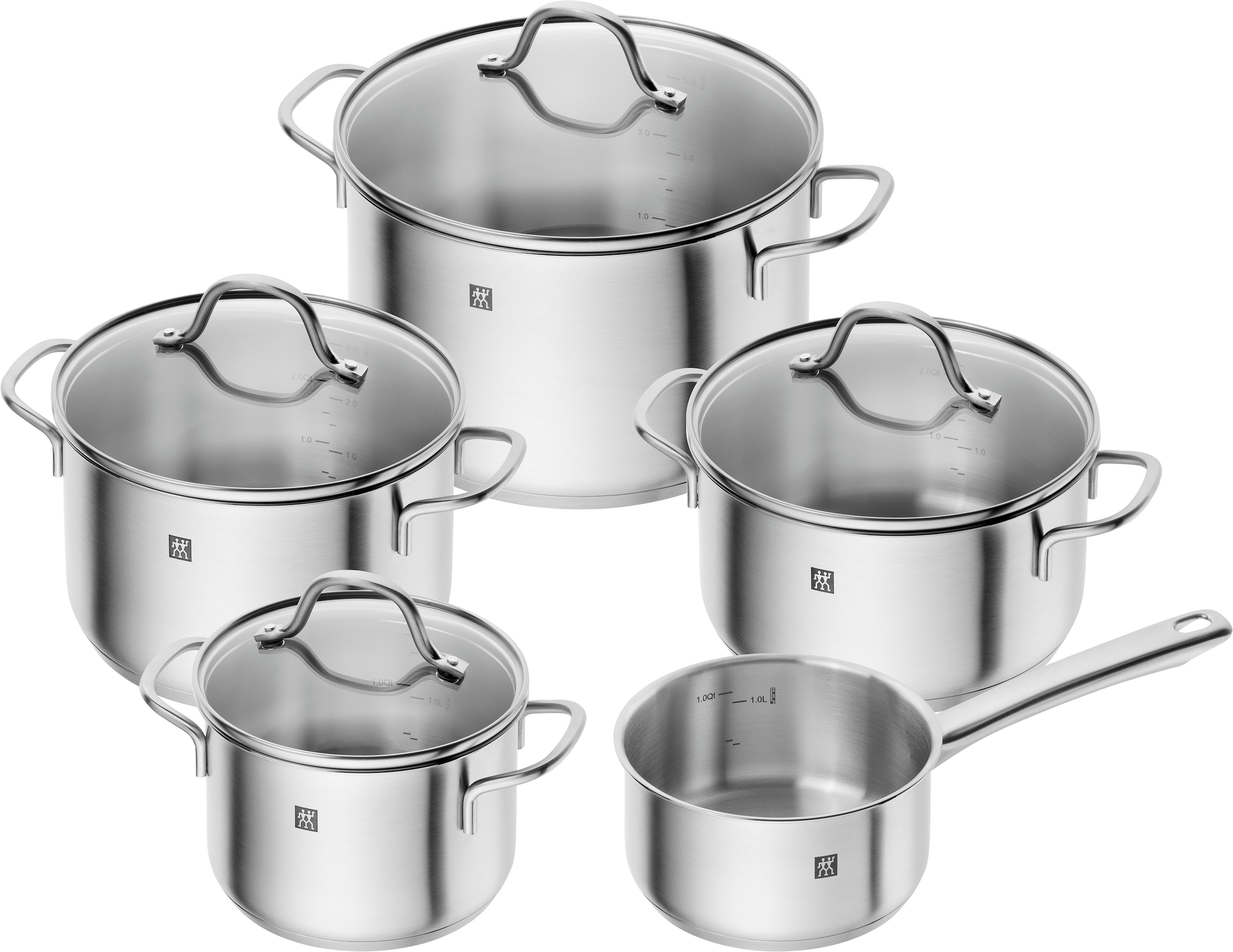 Zwilling Topf-Set »Flow/Shine/Table/Twin Chef 2«, Edelstahl 18/10, (Set, 10 tlg., Stieltopf 16, Bratentopf 20, Kochtopf 16/20/24, Bratpfanne 28 cm), Erstausstattung inkl. Sieb, Messer Pfanne und Kochgeschirr