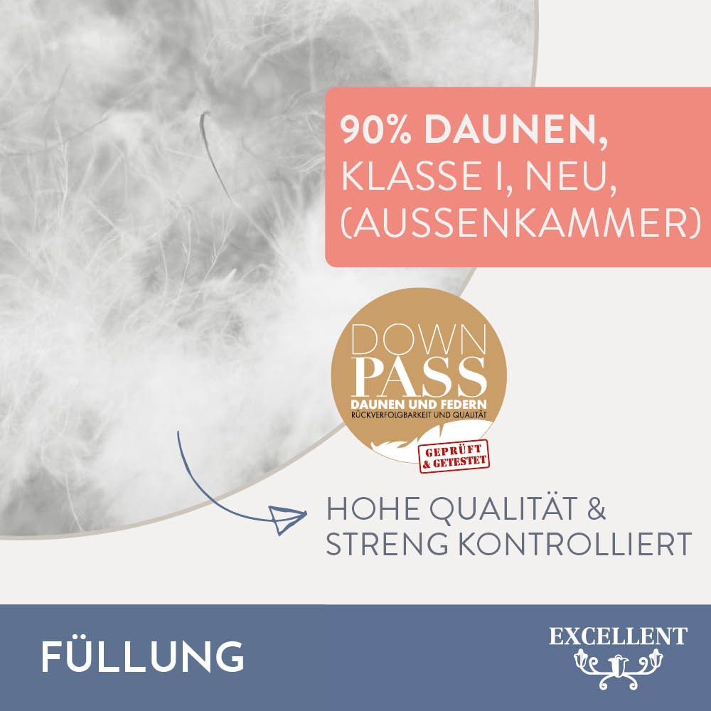Excellent 3-Kammer-Kopfkissen »Zürich, in 40x80 und 80x80 und weitere Größen«, Füllung: weiße neue Daunen und Federn, Klasse I, Bezug: feiner Daunen-Batist, 100% Baumwolle, (1 St.), allergikerfreundlich, hergestellt in Deutschland