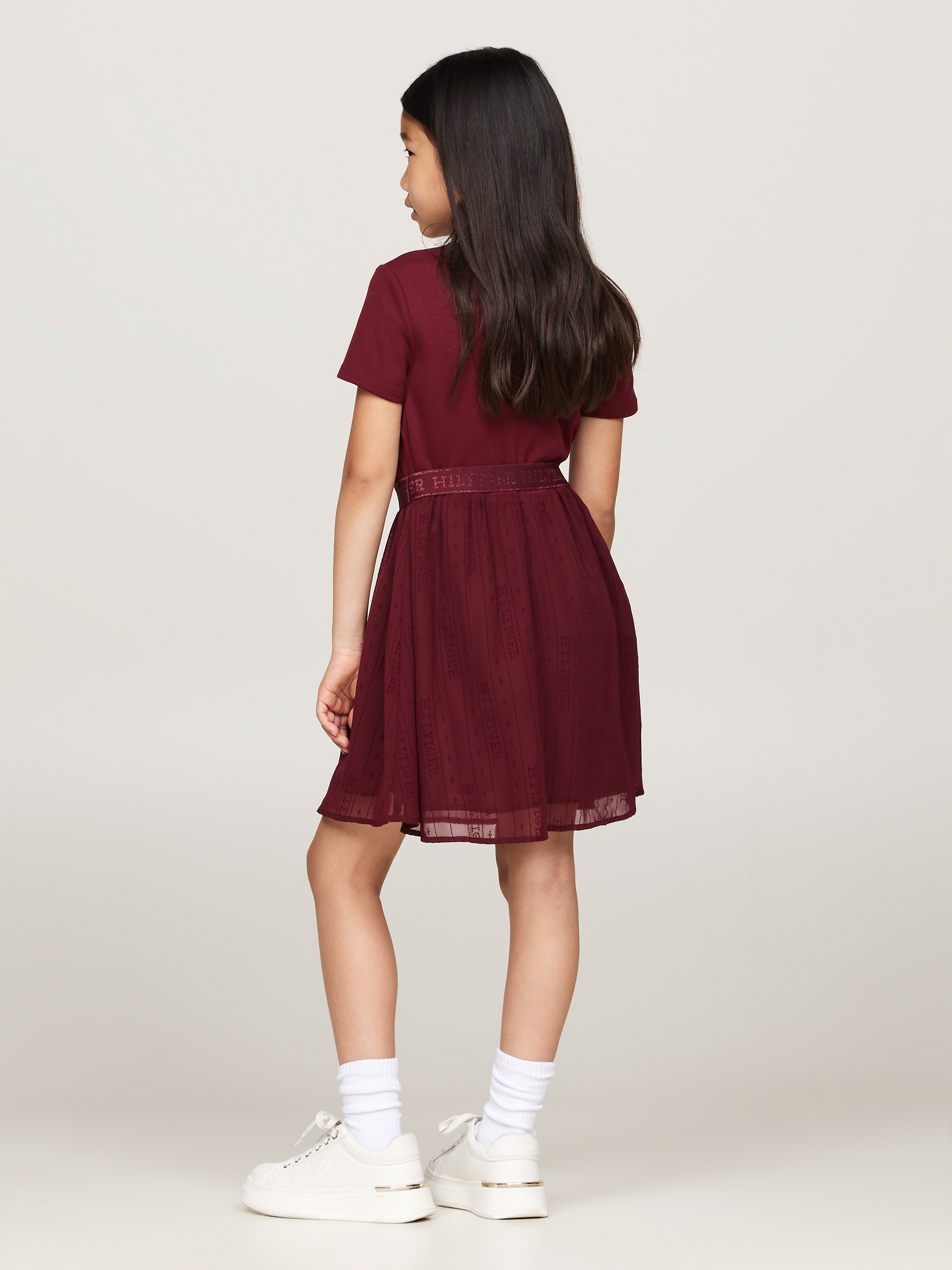 Tommy Hilfiger A-Linien-Kleid »HILFIGER PUNTO TULLE DRESS LS«, mit Logo auf Taillenbund