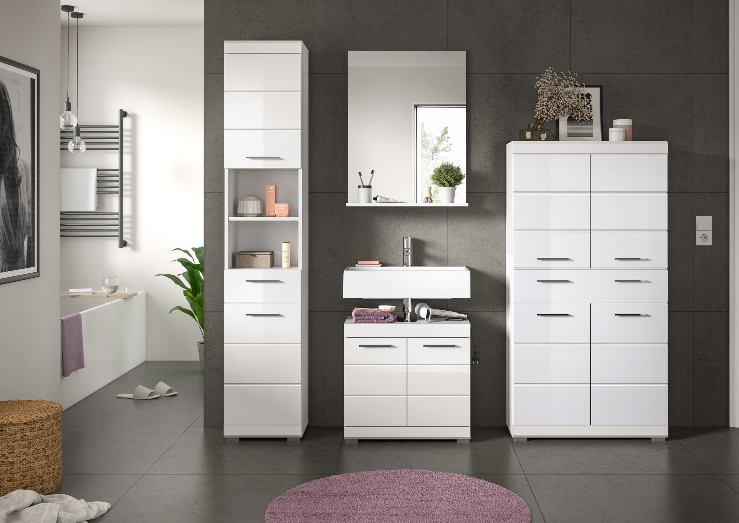 INOSIGN Badmöbel-Set »Siena, 4 teilig, bestehend aus:«, (Set, 4 St., TOPSELLER!), Hochschrank, Waschbeckenunterschrank, Badspiegel, Midischrank