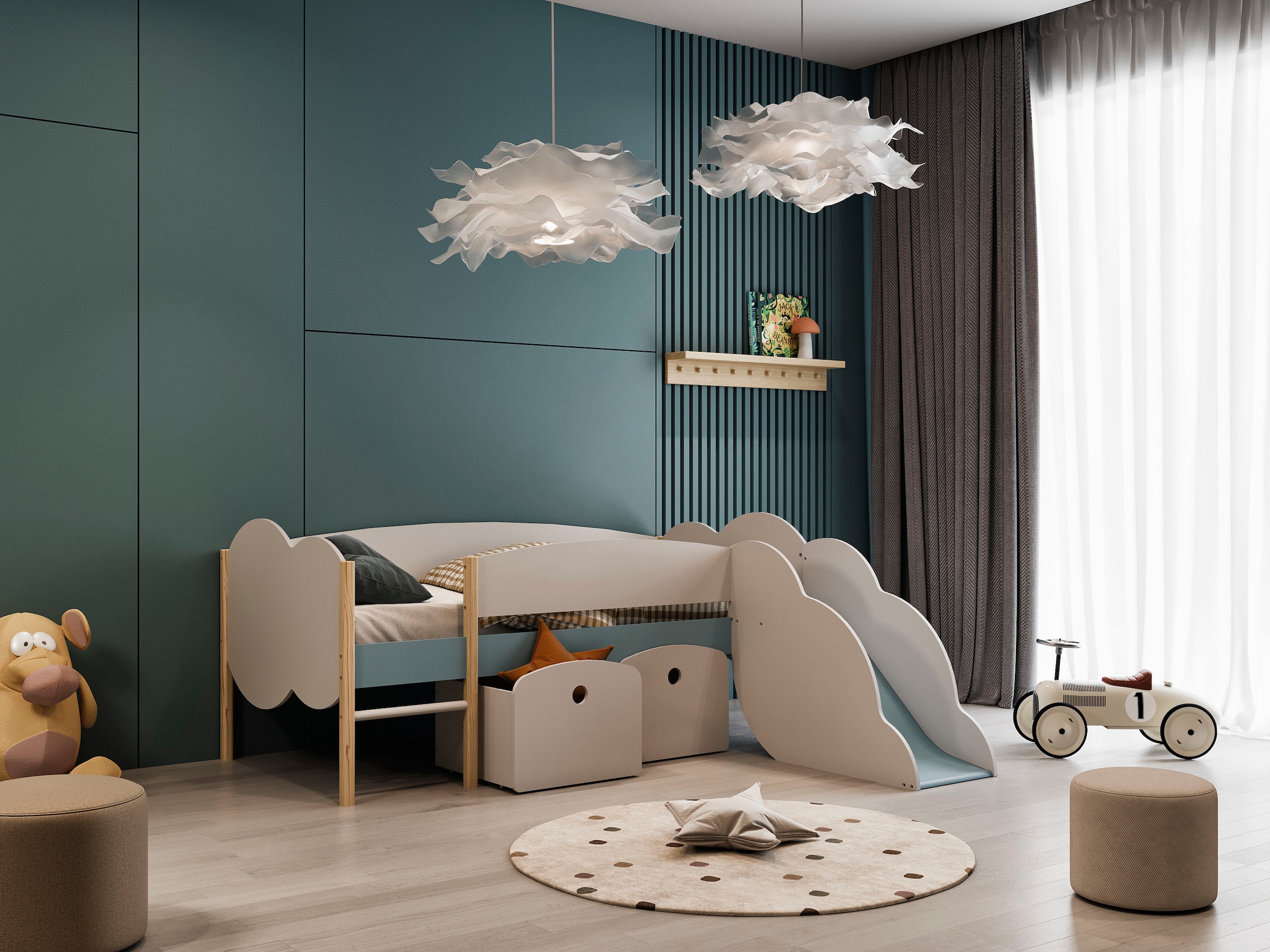 Demeyere GROUP Spielbett »Longane«, Kinderbett in Form von Wolken mit kleine Rutsche