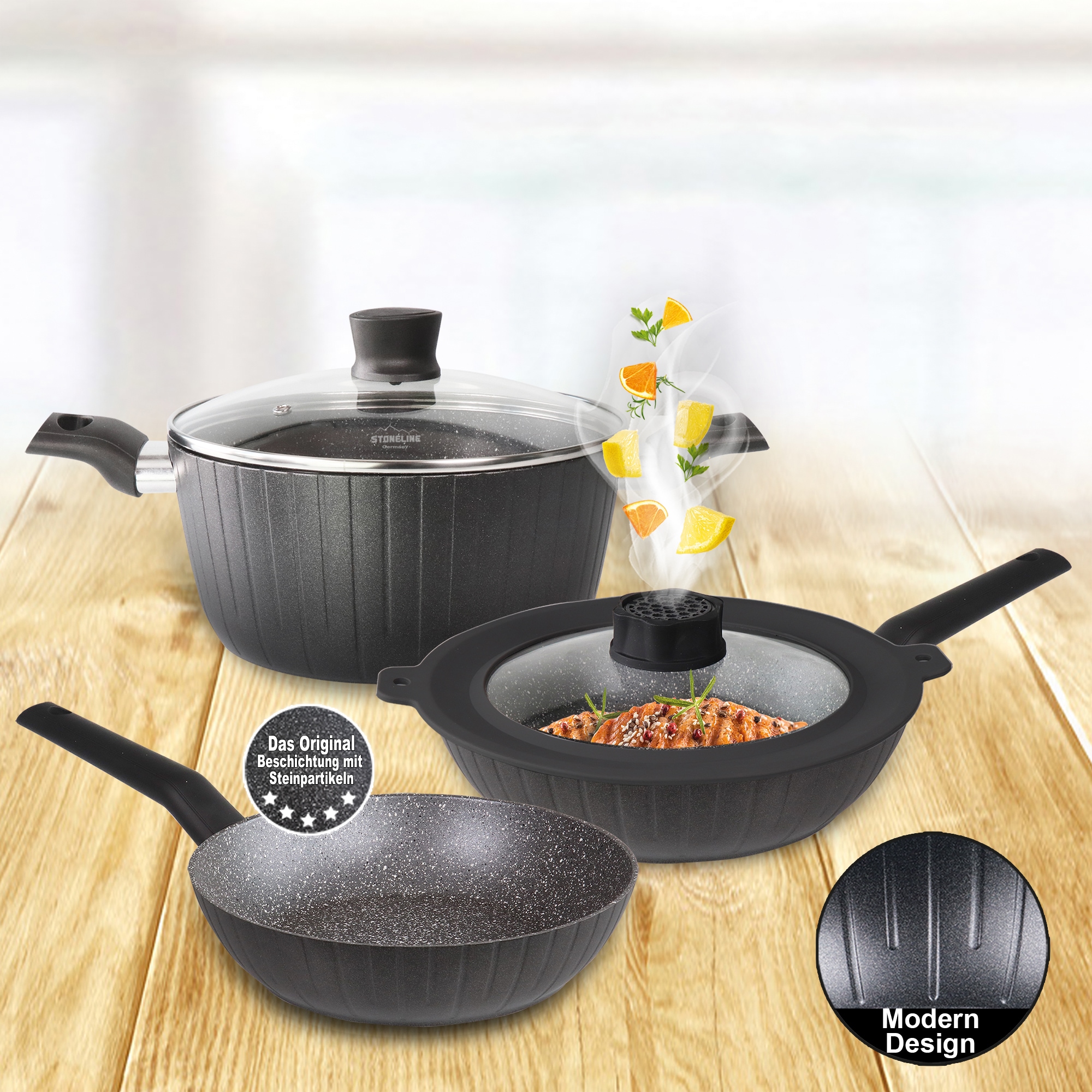 STONELINE Pfannen-Set »Smell Well«, Aluminium, (Set, 6 tlg., 1x Bratpfanne Ø 24 cm, 1x Bratpfanne Ø 28 cm, 1x Bratentopf Ø 24 cm), Induktion
