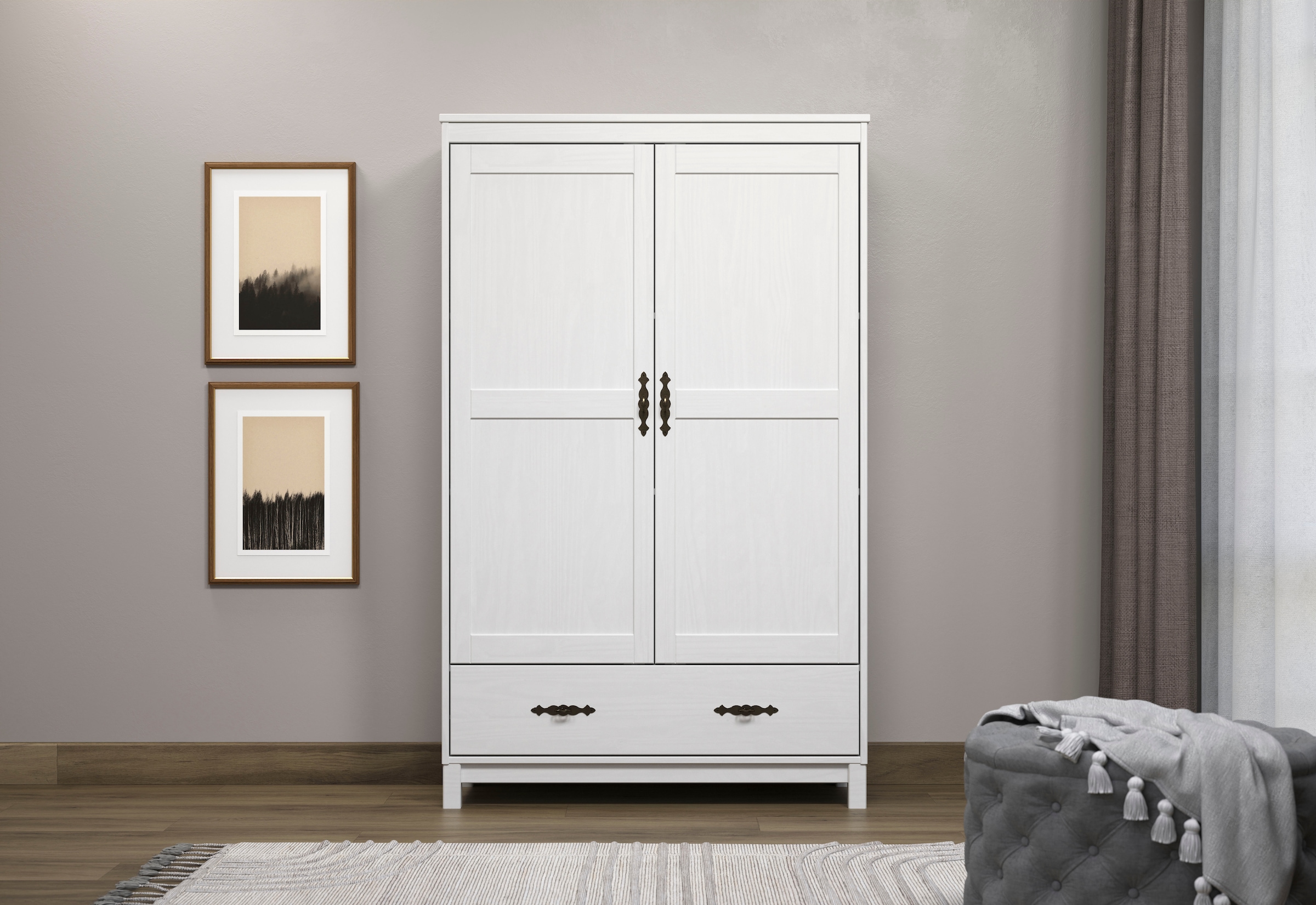 Home affaire Kleiderschrank »Sandnes Kieferschrank Schlafzimmer Schrank TOPSELLER weiß«, (1 St., natürlicher Landhaus-Look B/T/H: 96x38x155cm), Drehtürenschrank aus Massivholz mit Metallgriffen und Schublade
